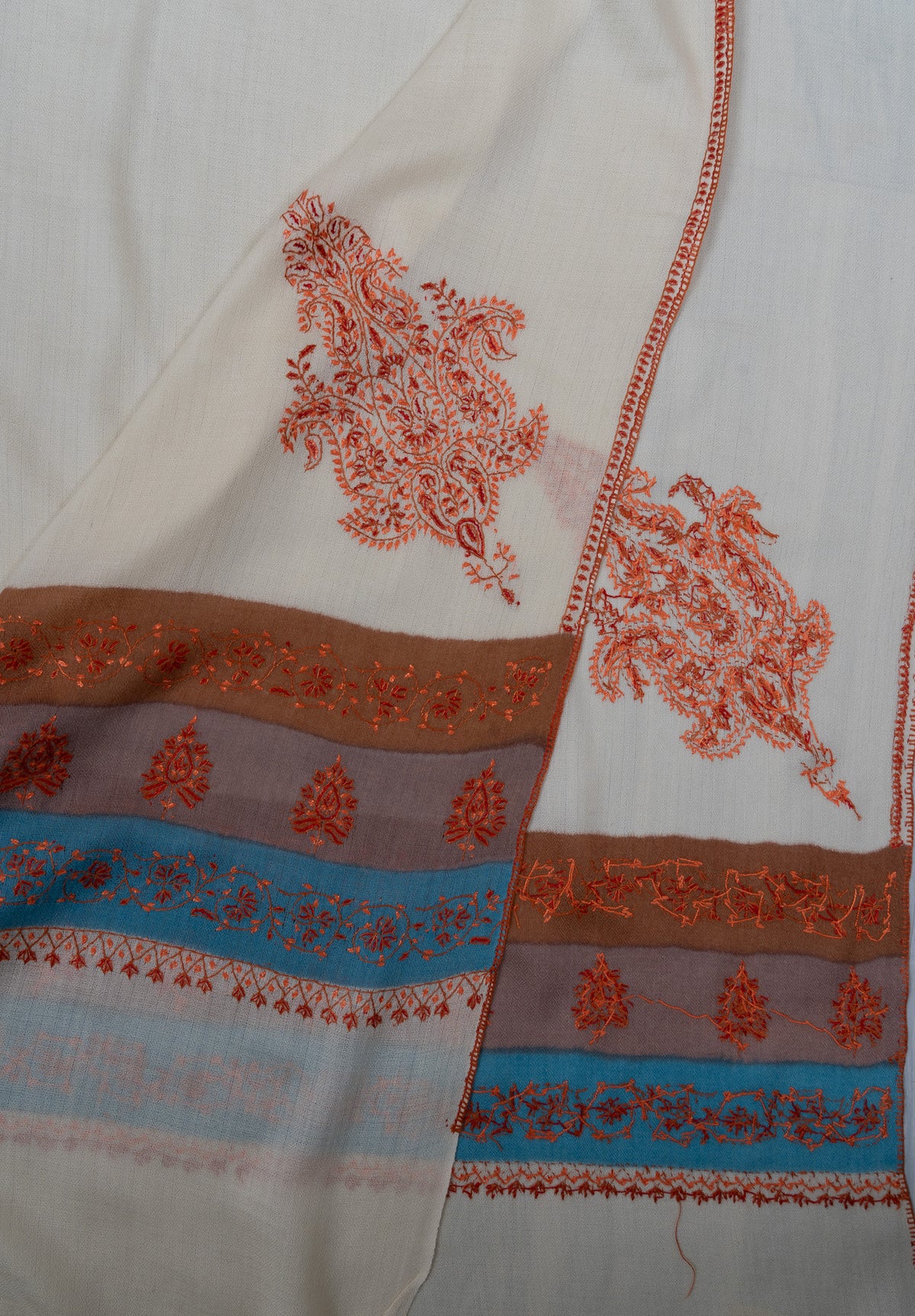 Ivory Azure Bloom 2.5 Yards Sozni Hand Embroidered Shawl