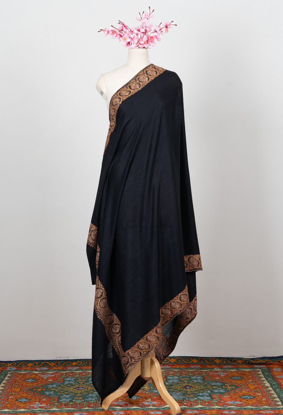 Onyx Gold Border 2.5 Yards Sozni Hand Embroidered Shawl