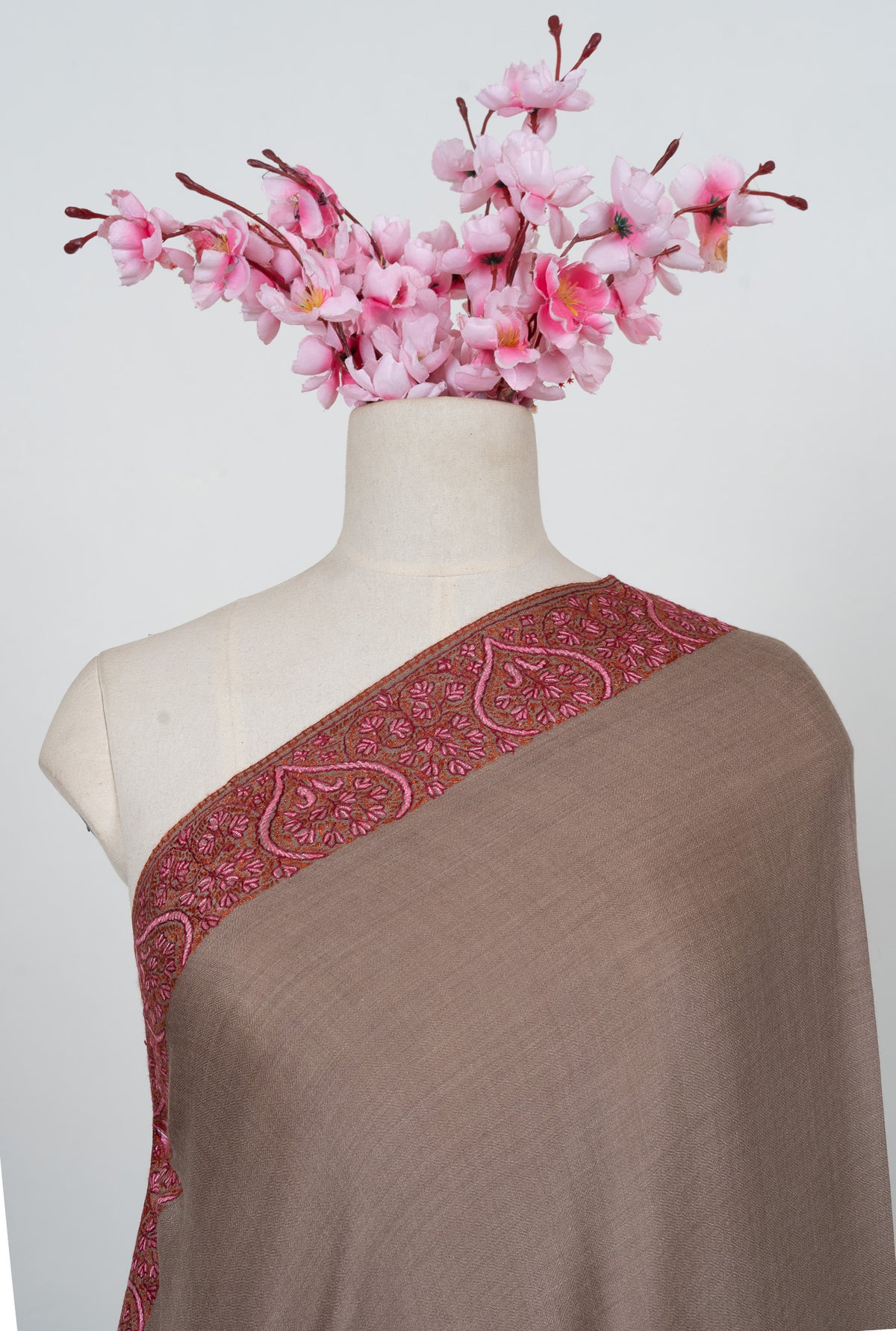 Taupe Paisley Border 2.5 Yards Sozni Hand Embroidered Shawl