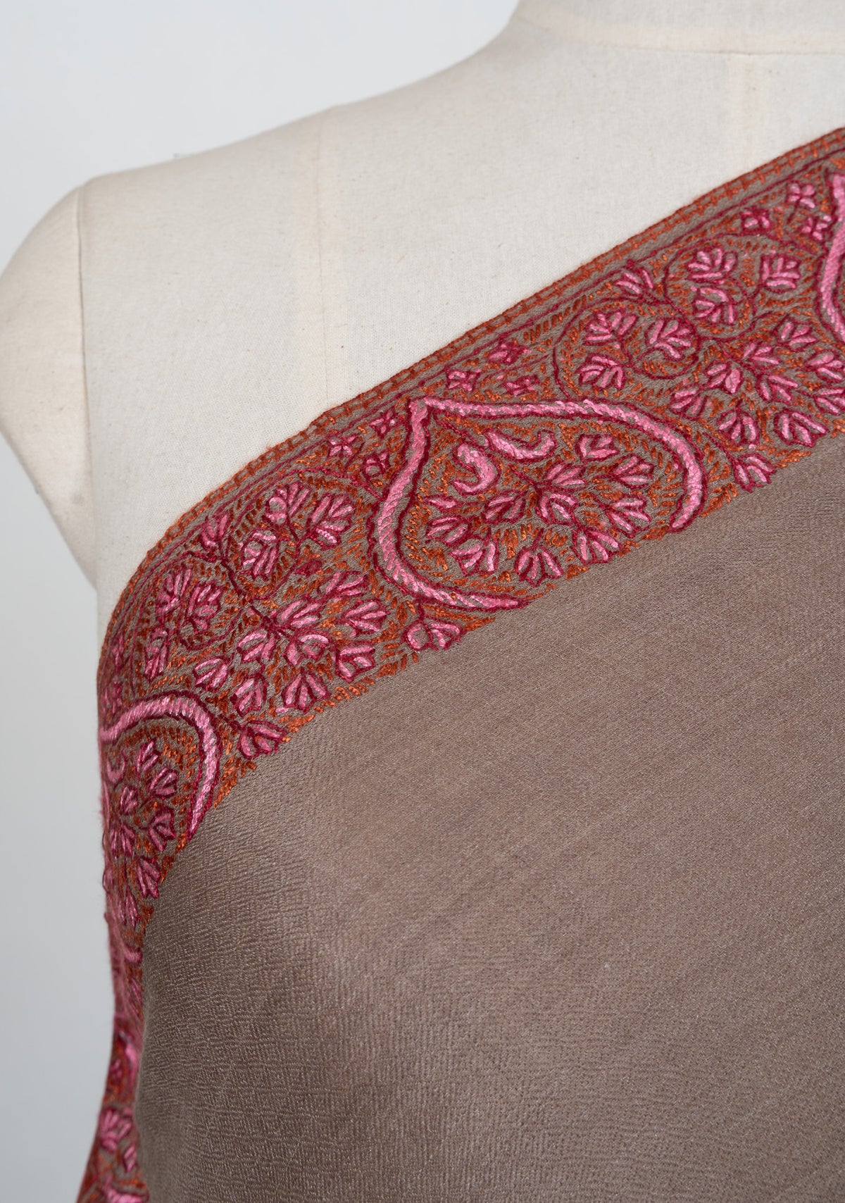 Taupe Paisley Border 2.5 Yards Sozni Hand Embroidered Shawl
