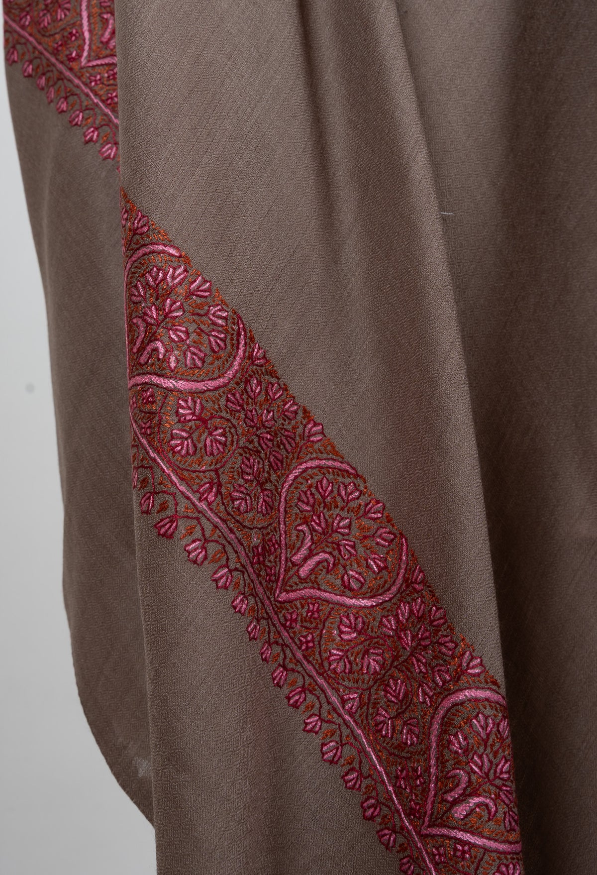 Taupe Paisley Border 2.5 Yards Sozni Hand Embroidered Shawl