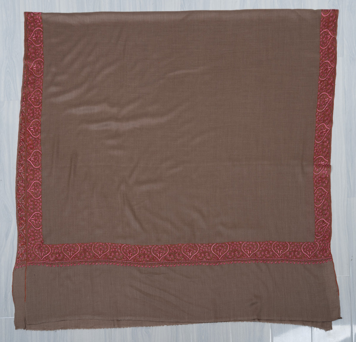 Taupe Paisley Border 2.5 Yards Sozni Hand Embroidered Shawl
