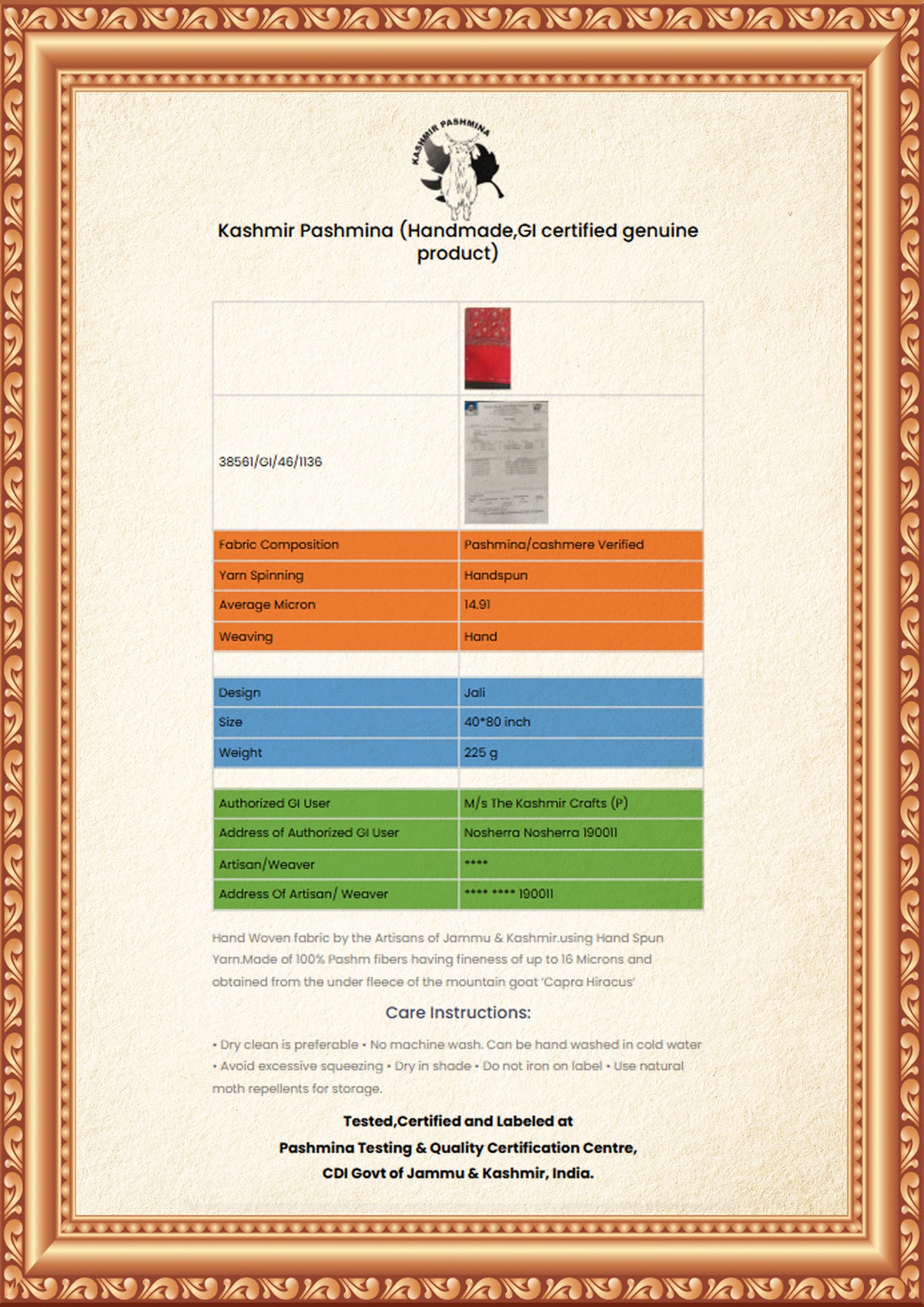 Framed Kashmir Pashmina product information sheet with a red shawl thumbnail, fibre and weaving details, and care instructions