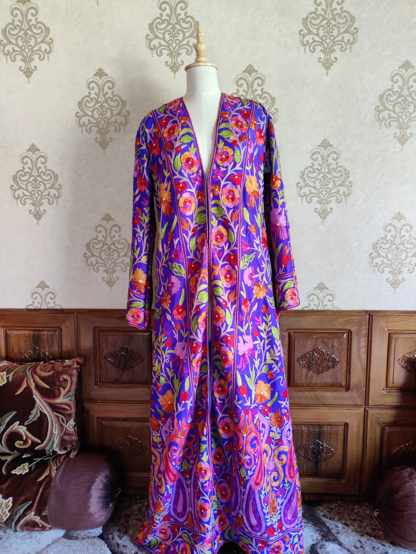 The Royal Reverie: Kashmiri Aari-embroidered Long Robe - KashmKari