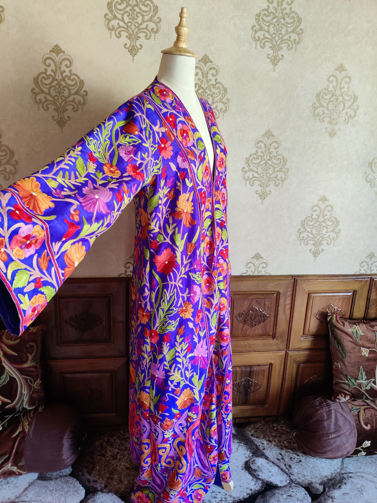 The Royal Reverie: Kashmiri Aari-embroidered Long Robe - KashmKari