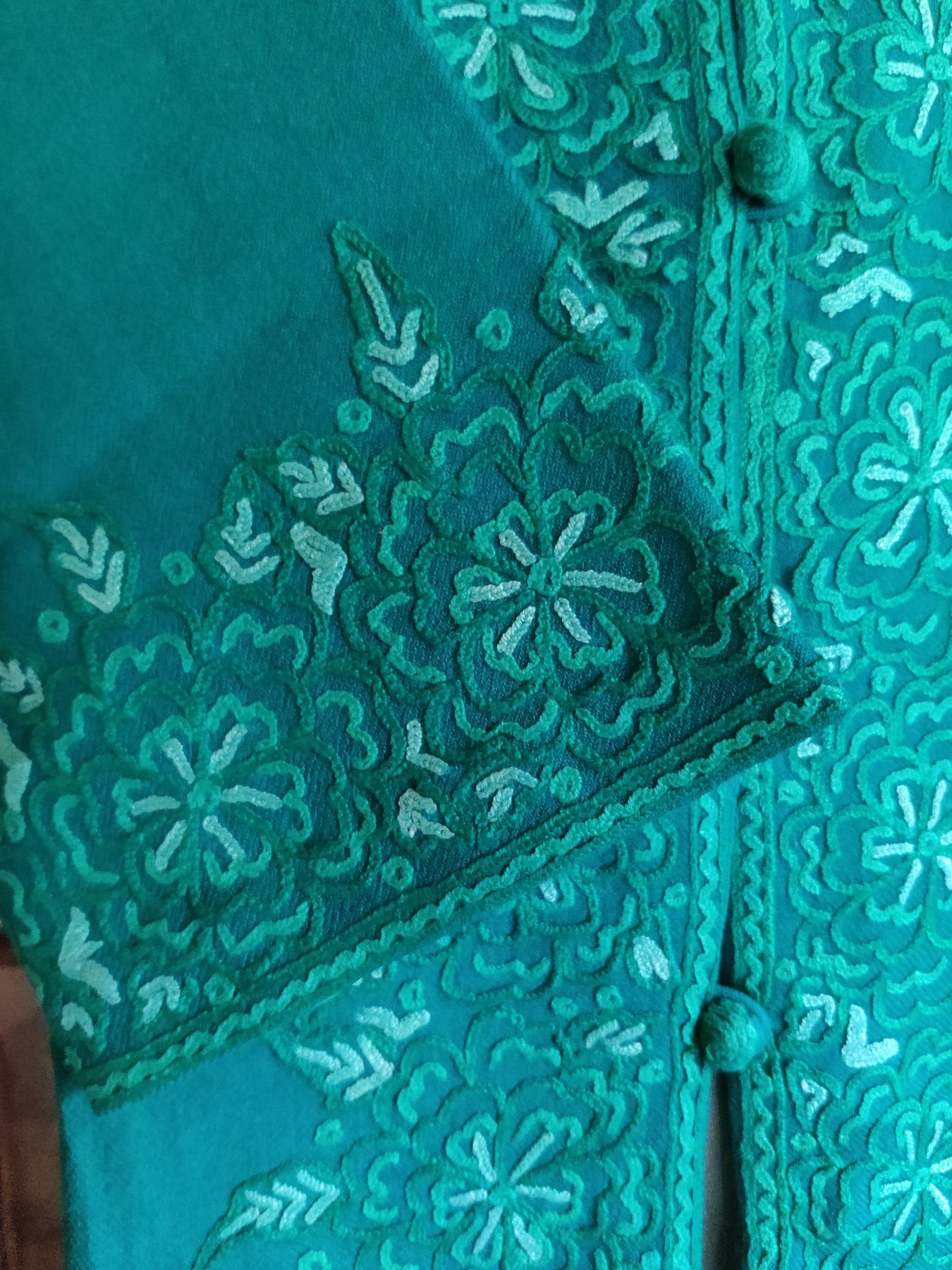 Turquoise Green Kashmiri Jacket: Hand Aari Embroidery & Traditional ...
