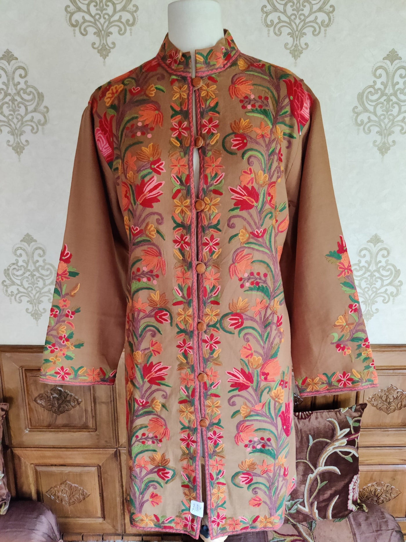 Hand Aari Embroidered Jacket in Earthy Brown - KashmKari