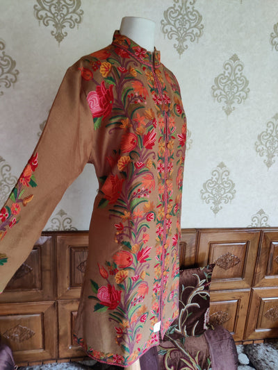 Hand Aari Embroidered Jacket in Earthy Brown - KashmKari