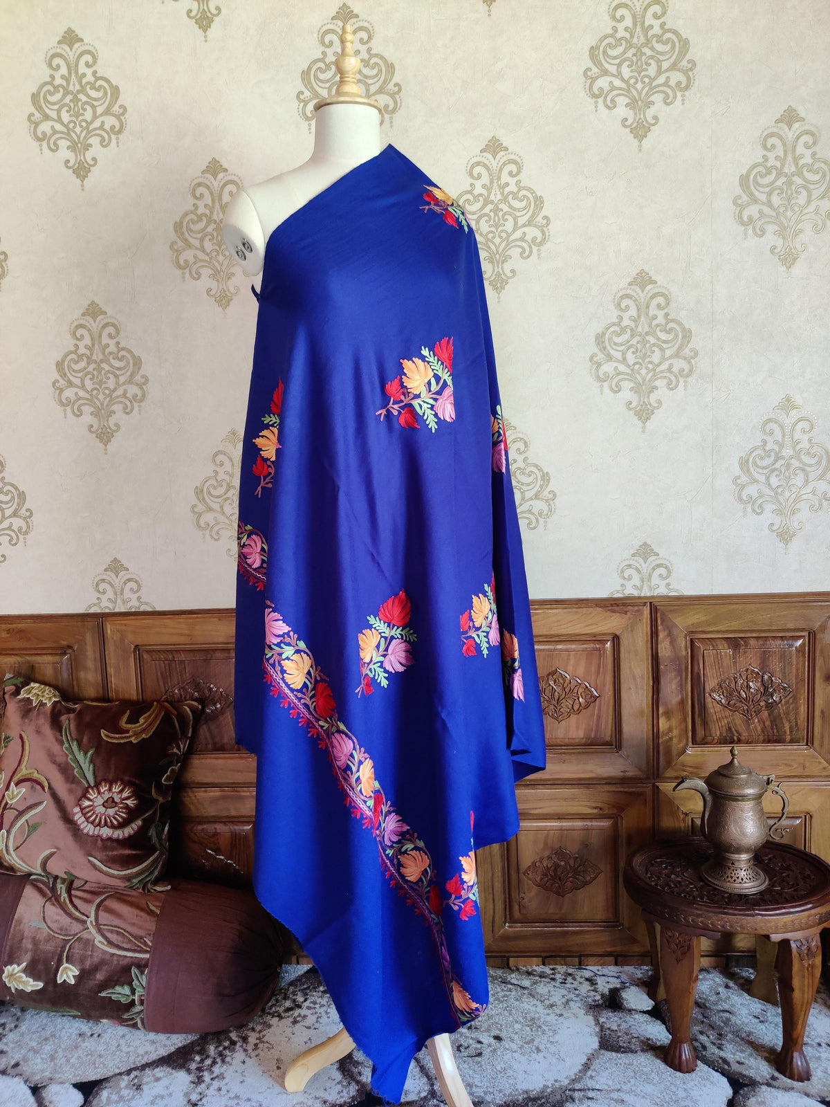 Floral Aari-Embroidered Blue Kashmiri Shawl - KashmKari