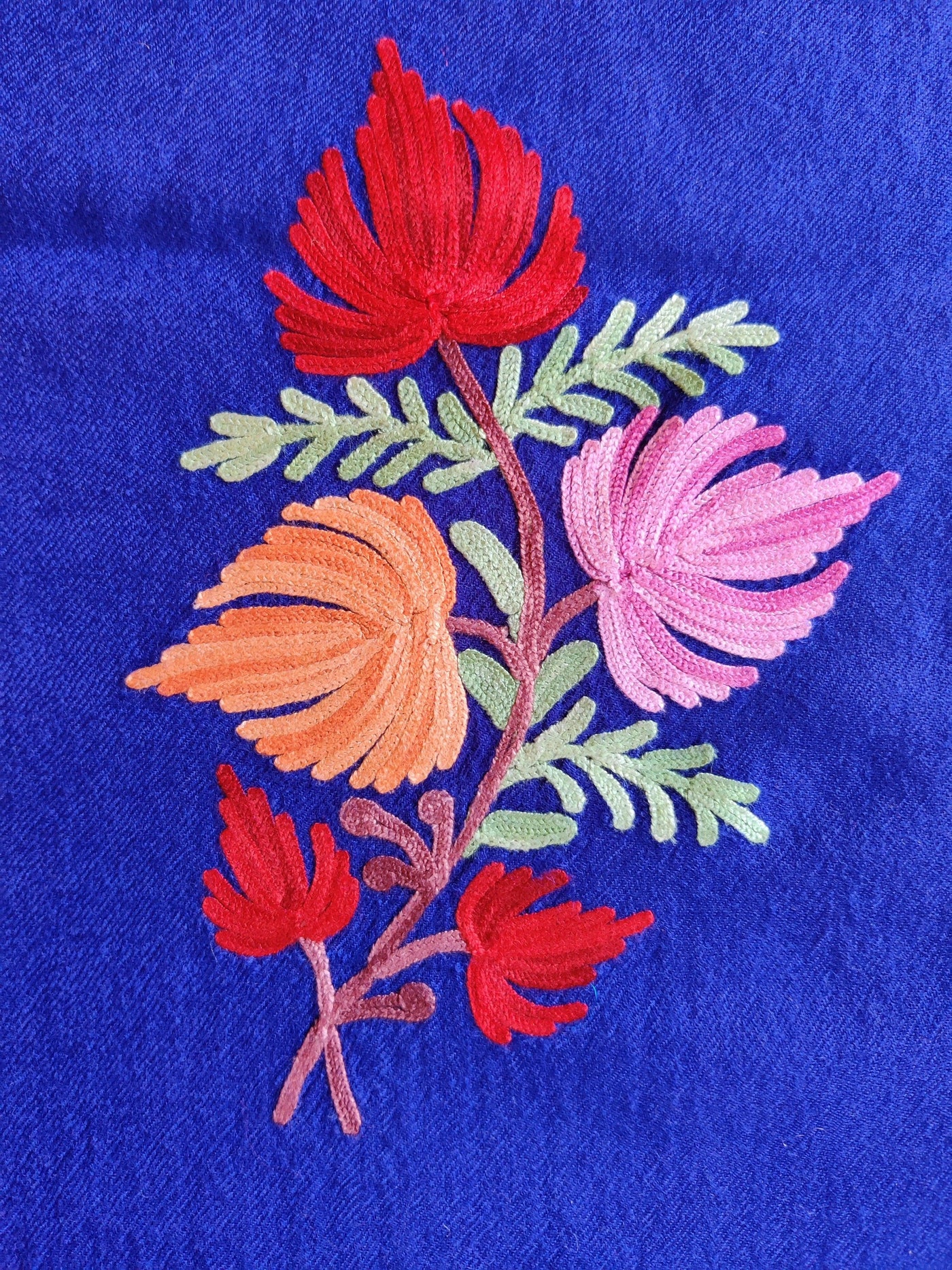 Floral Aari-Embroidered Blue Kashmiri Shawl - KashmKari