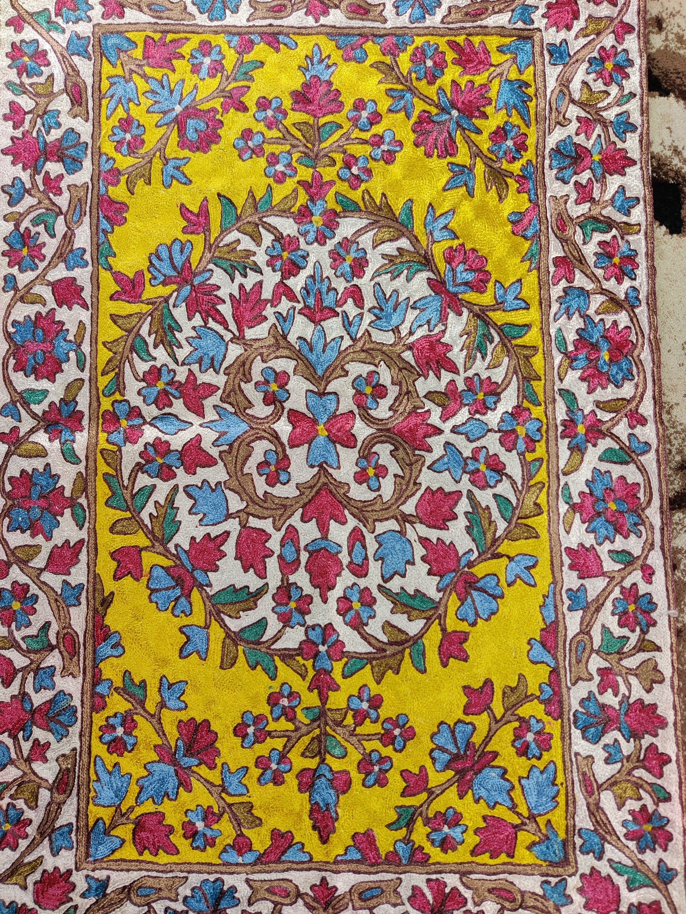 Hand-Aari Embroidered Kashmiri Floral Rug 3 x 2 - KashmKari