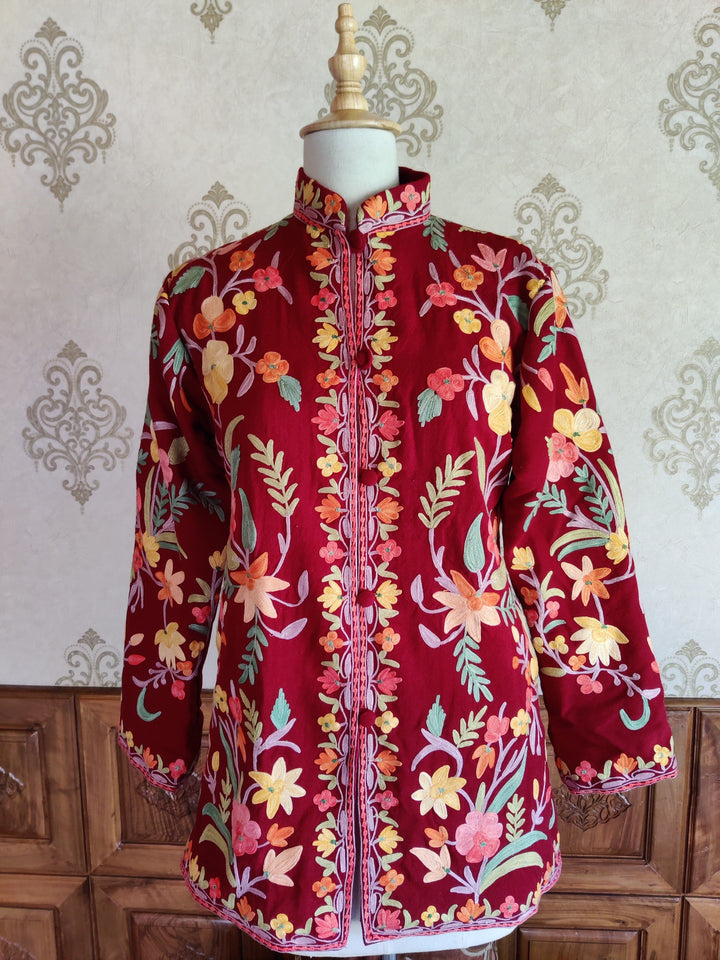 Maroon Short Boho Floral Jacket. - KashmKari