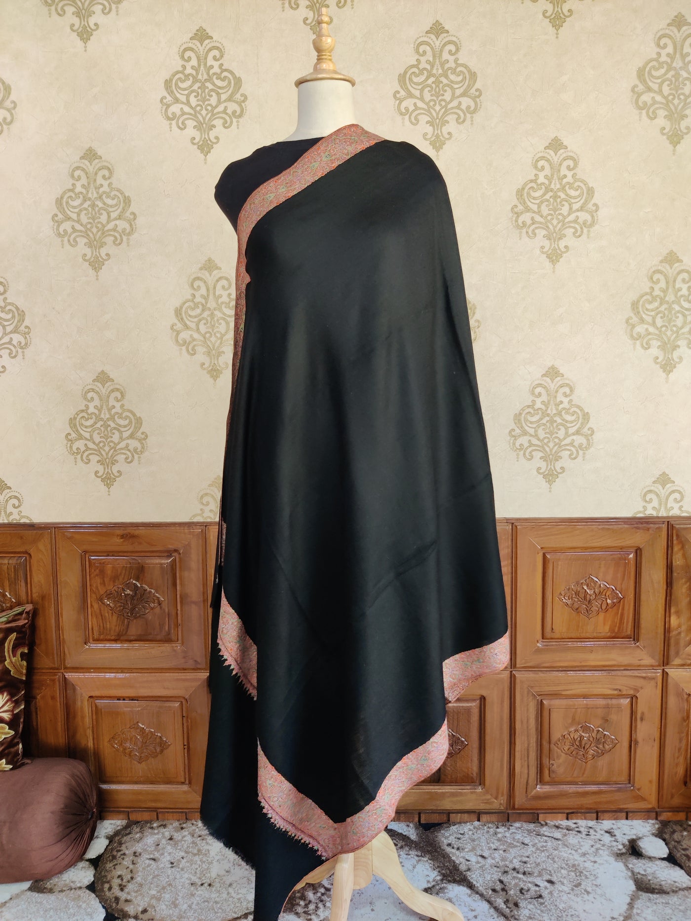 Timeless Tradition: Black Pashmina Shawl with Multi-Color Paisley Design - KashmKari