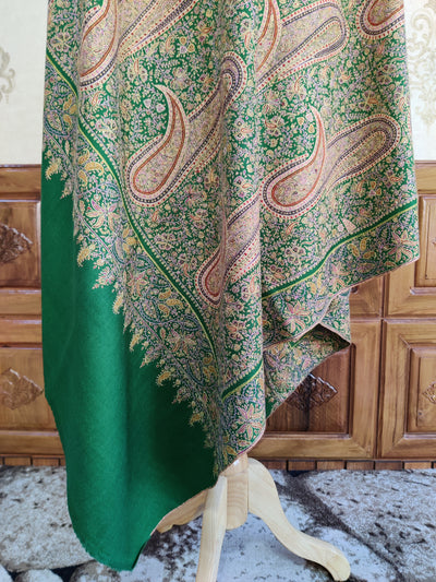 The Paisley Poem: Pure Pashmina Shawl in Green with Vibrant Embroidery - KashmKari