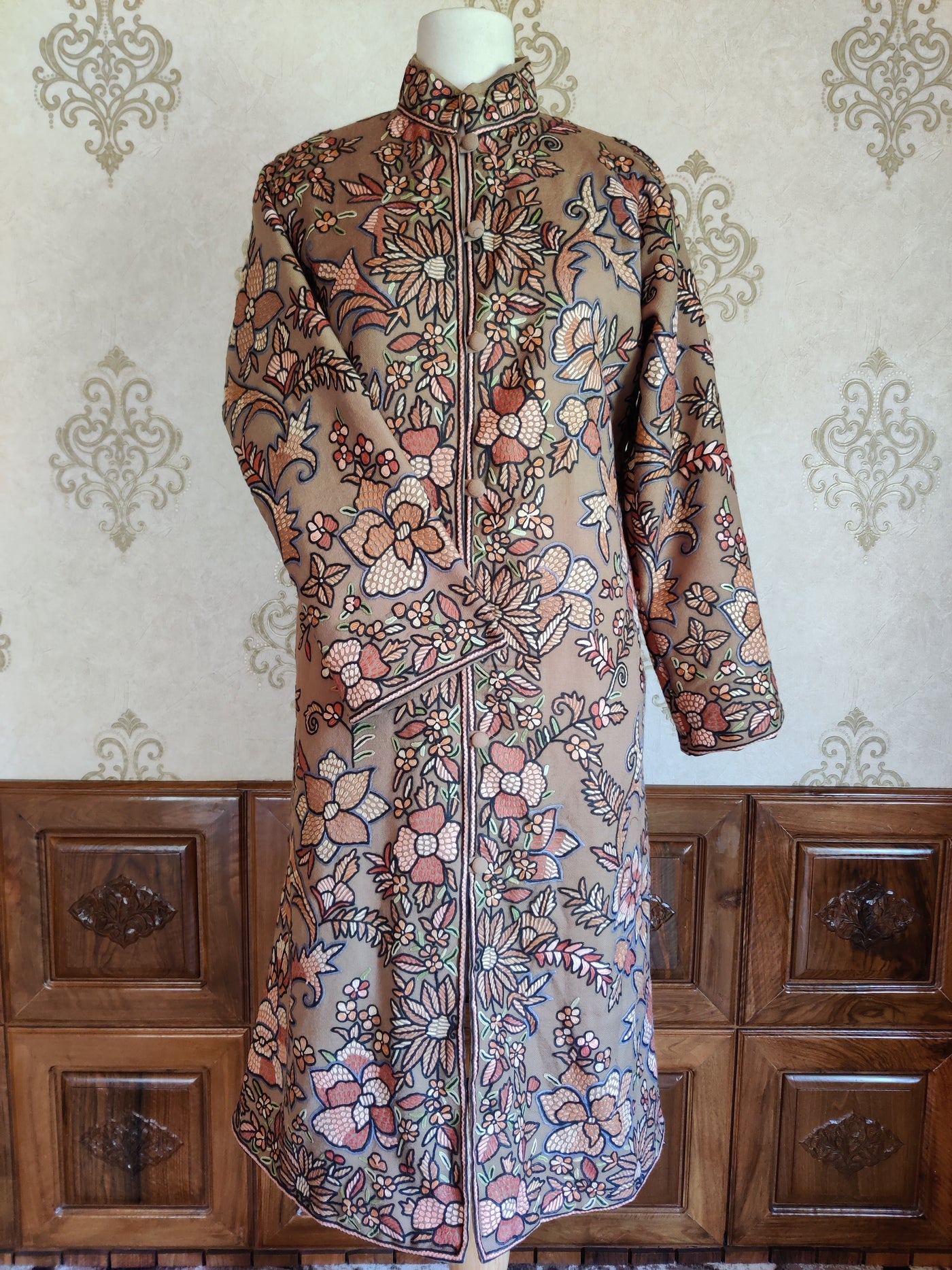 Beige Wool Jacket with Intricate Hand Aari Floral Embroidery