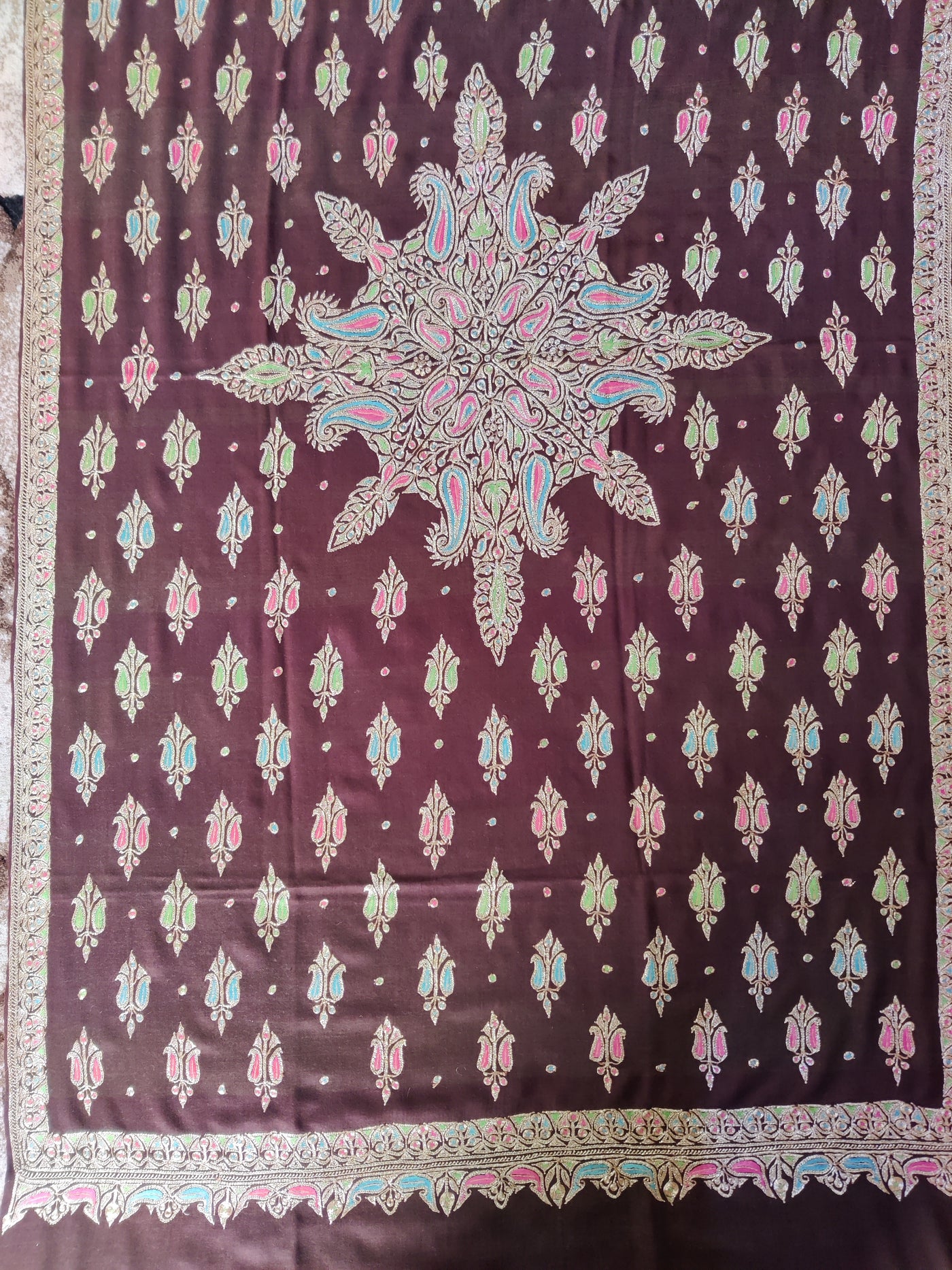 Majestic Mahogany Shawl: Pure Pashmina Shawl with Hand Tilla and Sozni Embroidery