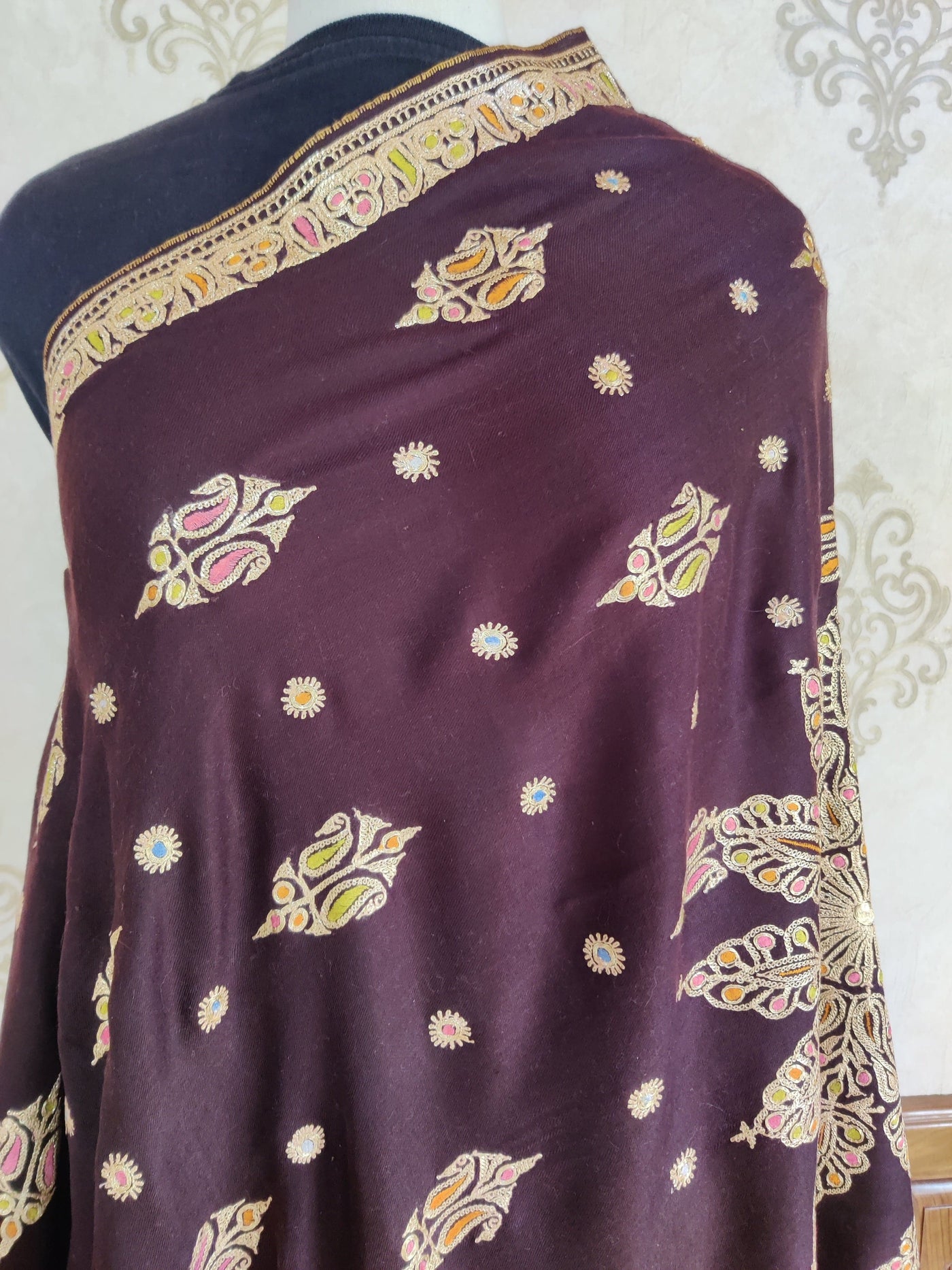 Burgundy Bahar: Pure Pashmina Shawl with Hand Tilla and Sozni Embroidery