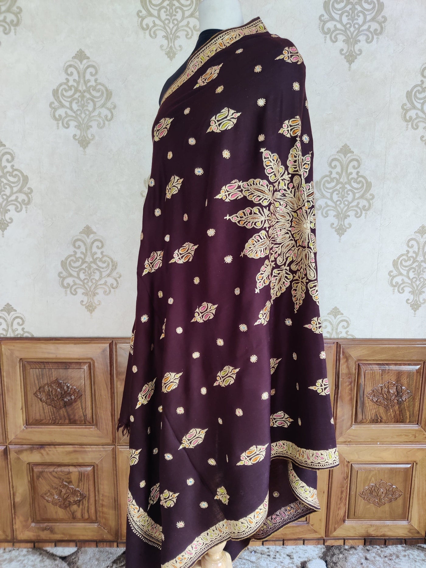 Burgundy Bahar: Pure Pashmina Shawl with Hand Tilla and Sozni Embroidery