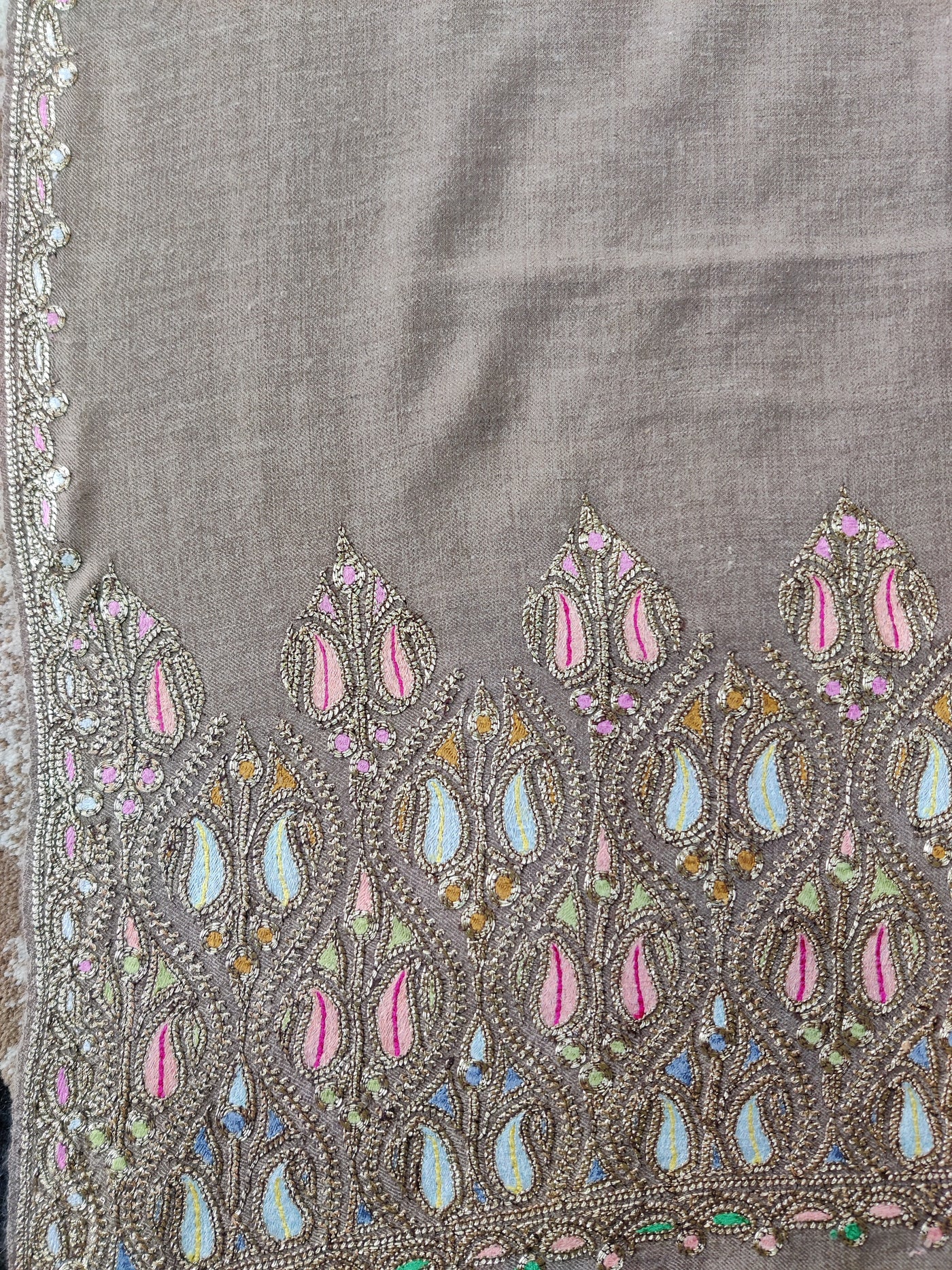 Shafqat Zari Cascade: Pure Pashmina Shawl with Hand Tilla Embroidery & Sozni Embroidery