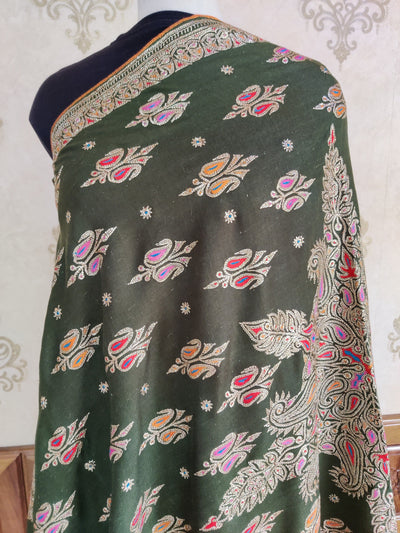 Emerald Enchantment Shawl: Pure Pashmina Shawl with Hand Tilla and Sozni Embroidery