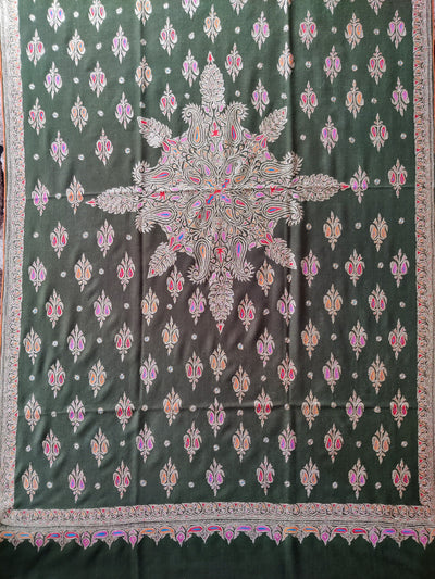 Emerald Enchantment Shawl: Pure Pashmina Shawl with Hand Tilla and Sozni Embroidery