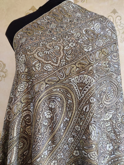 Big 275 cm (108") x 140 cm (55") Pure Pashmina Jamawar Shawl with combination of Hand-Tilla & Sozni Embroidery
