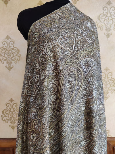XL 3 Yards Pure Pashmina Jamawar Shawl with combination of Hand-Tilla & Sozni Embroidery