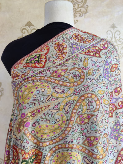 BIG 275 CM (108") X 140 CM (55") Gulzar-e-Kashida Shawl: Pure Pashmina Kalamkari Jamawar Shawl with Sozni Hand Embroidery