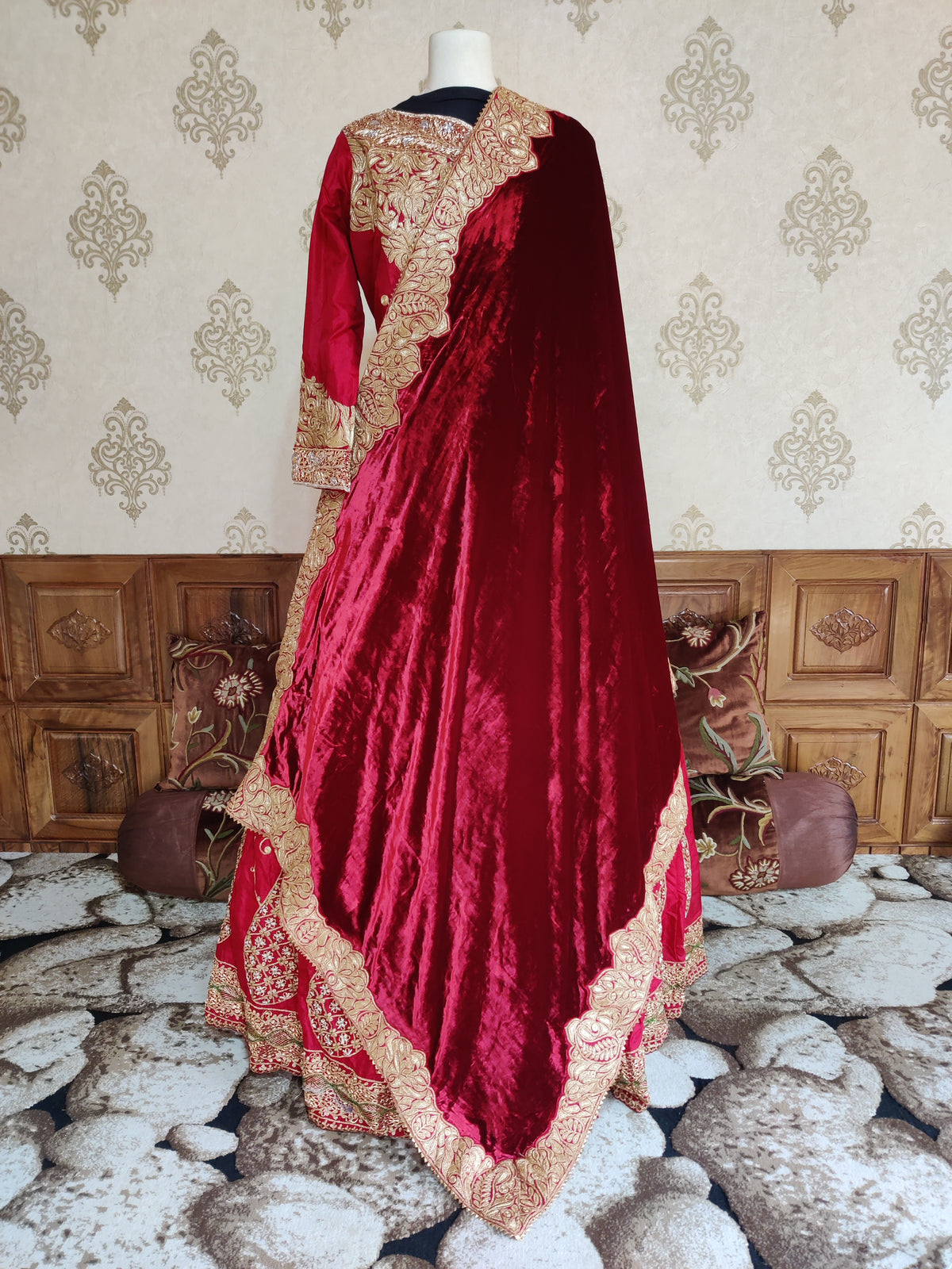 Pure Raw Silk red Lehenga with Tilla Embroidery & Velvet Dupatta
