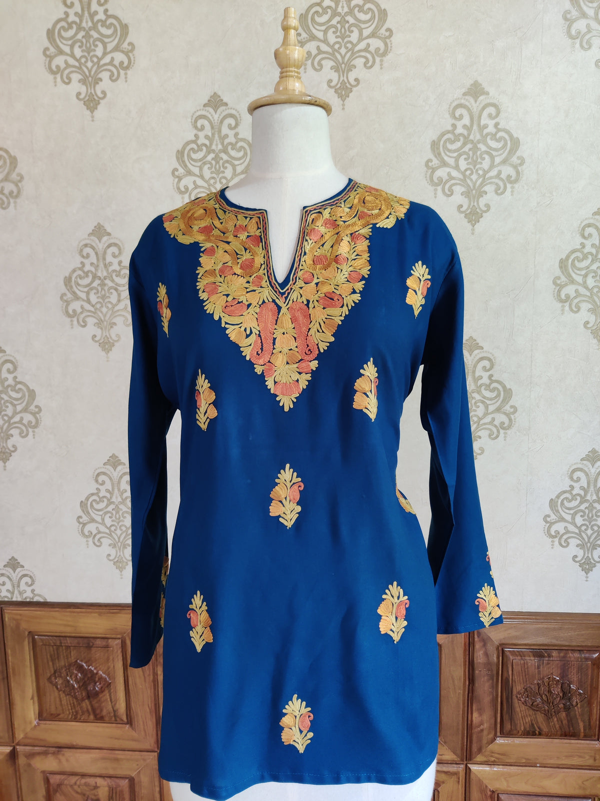 Vibrant Blue and Gold Aari Embroidered Kurti