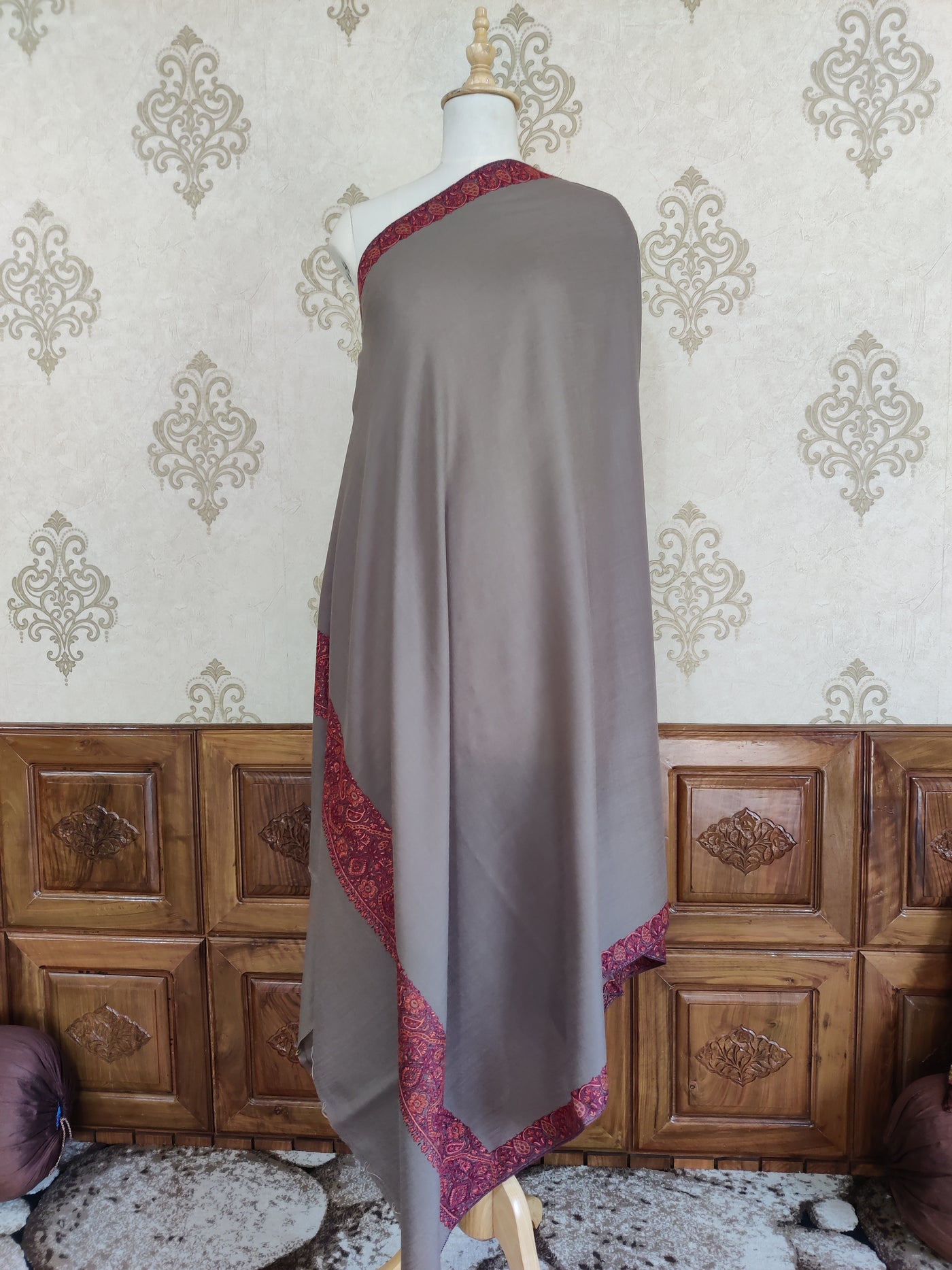 Elegant Charcoal Merino Wool Shawl with Sozni Hand Embroidery Border