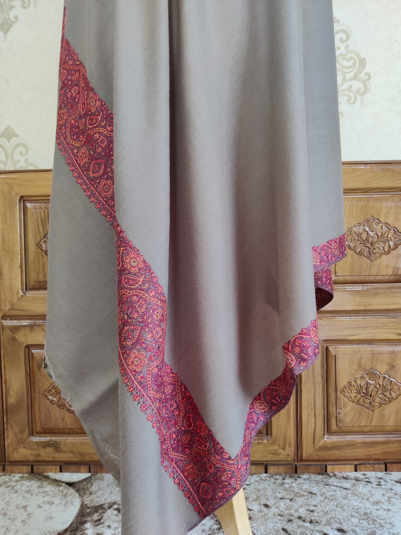 Elegant Charcoal Merino Wool Shawl with Sozni Hand Embroidery Border