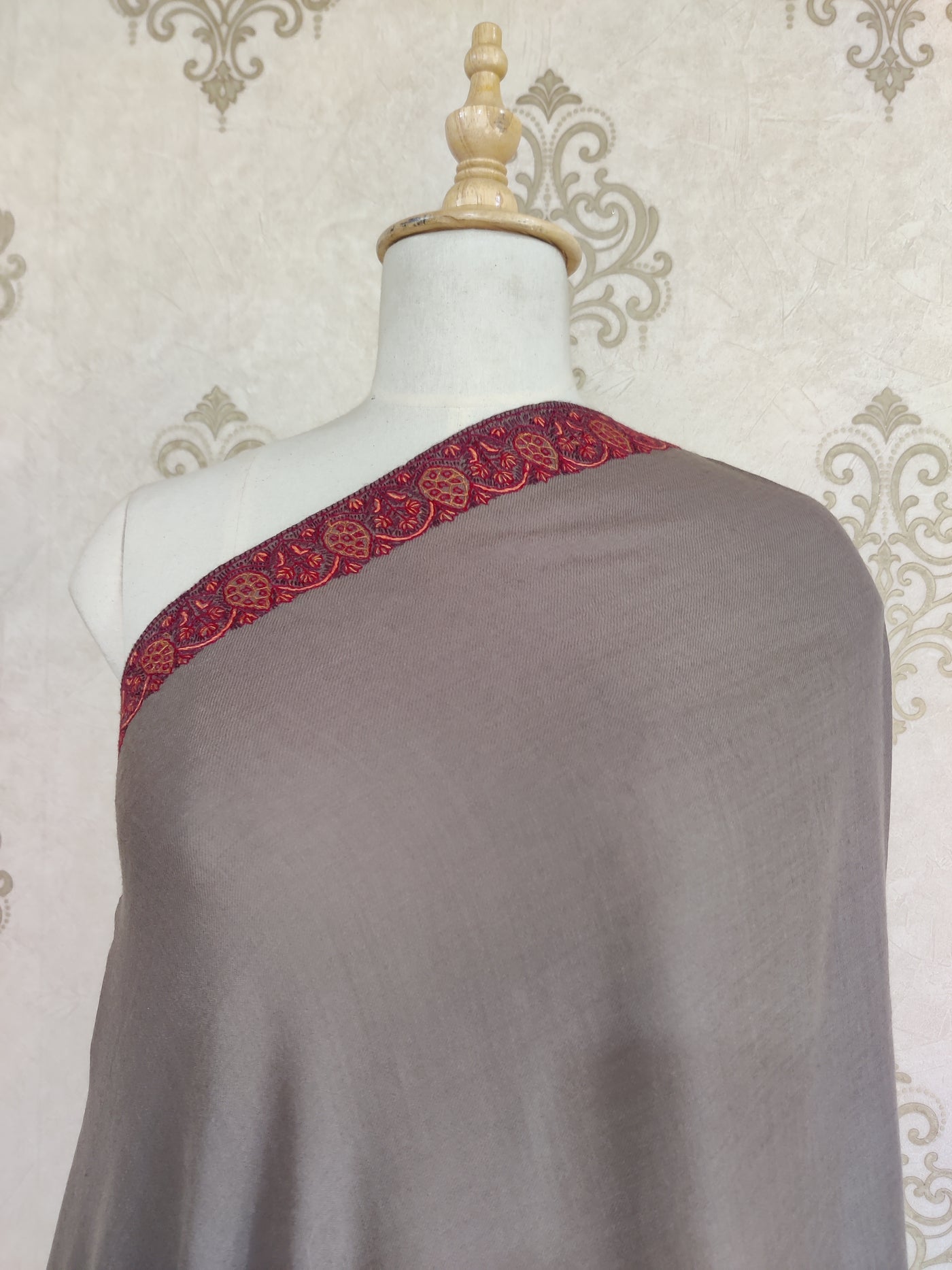 Elegant Charcoal Merino Wool Shawl with Sozni Hand Embroidery Border