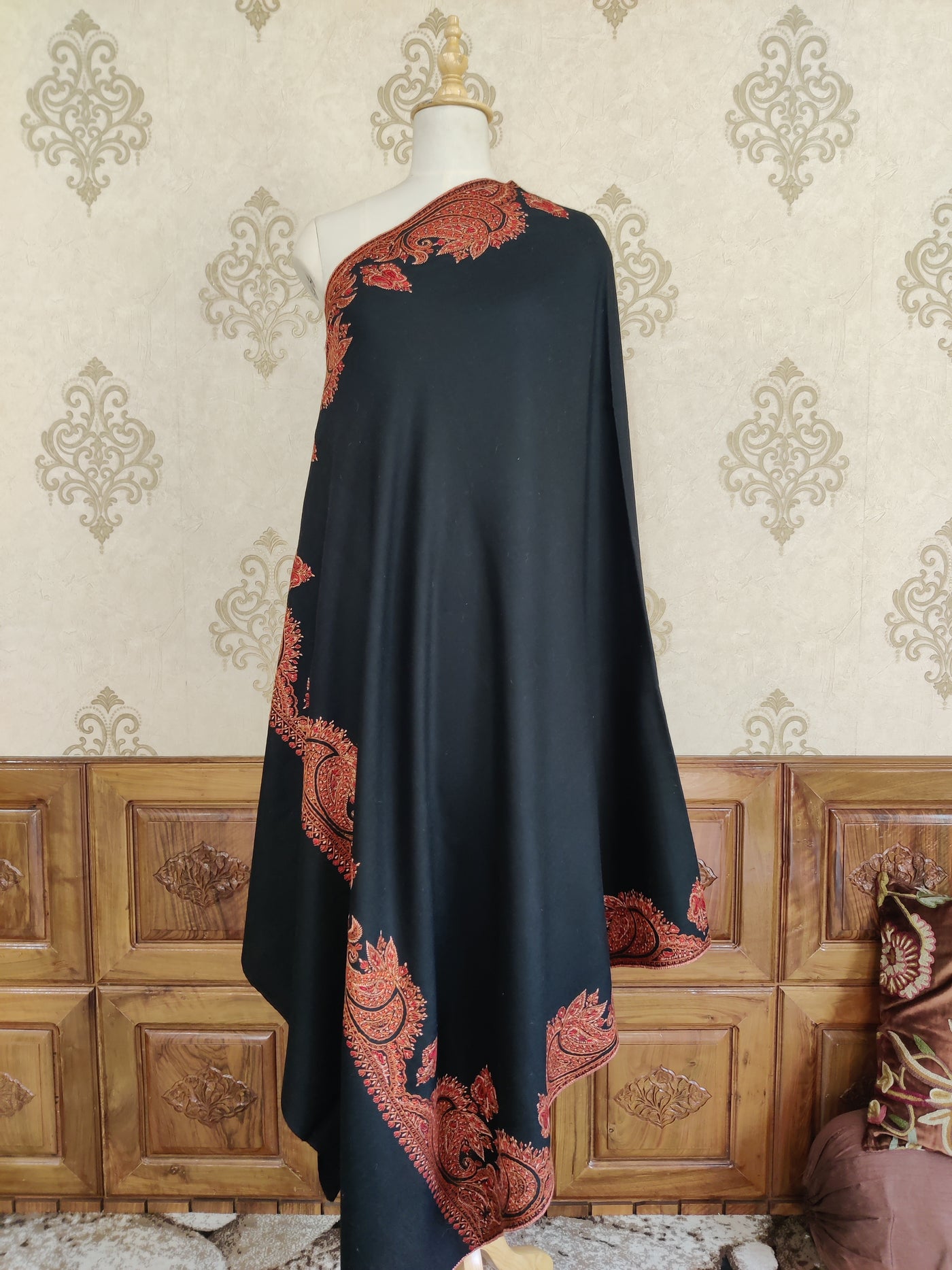 Midnight Black Merino Wool Shawl with Bold Sozni Hand Embroidery Accents