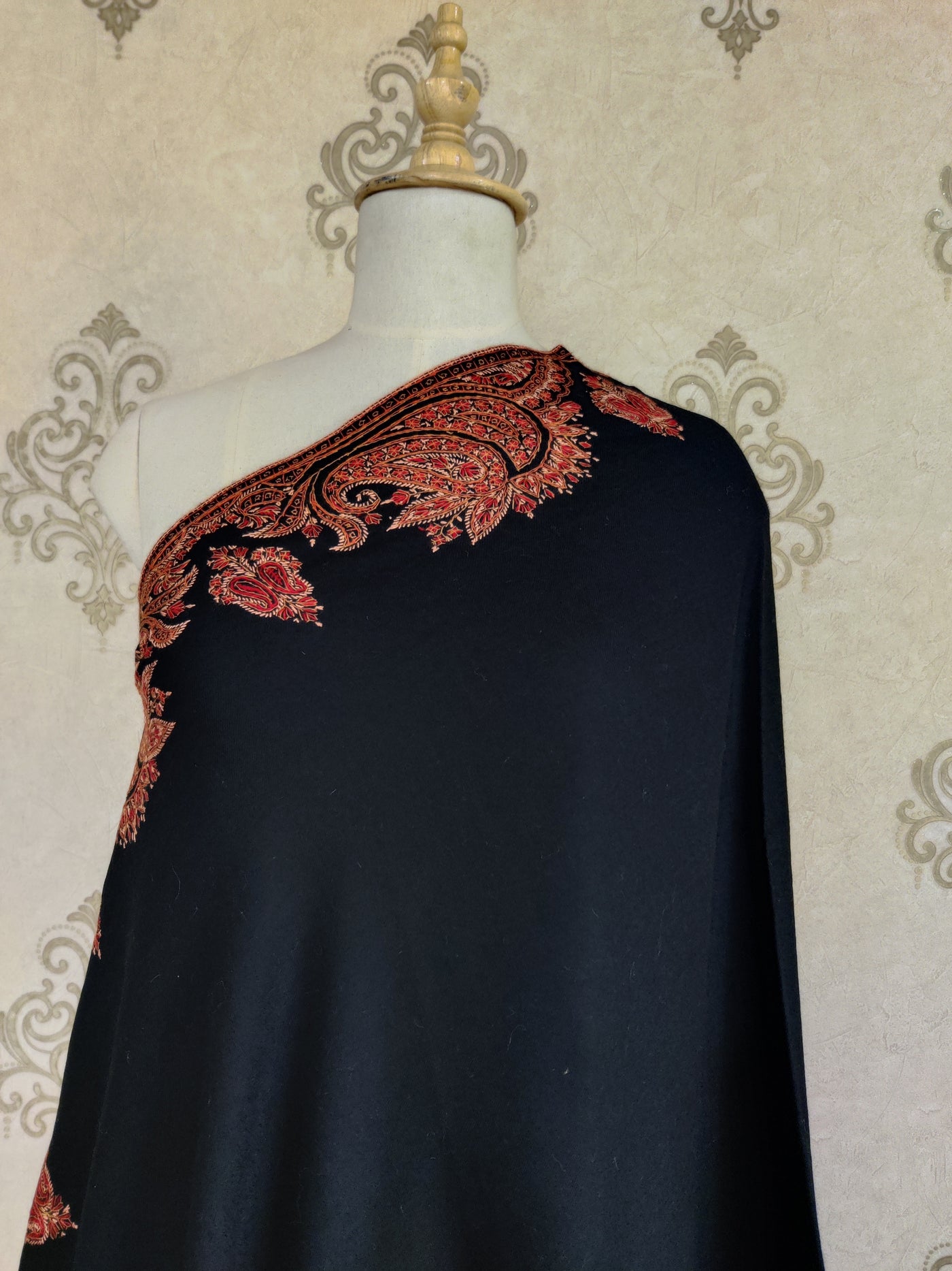 Midnight Black Merino Wool Shawl with Bold Sozni Hand Embroidery Accents