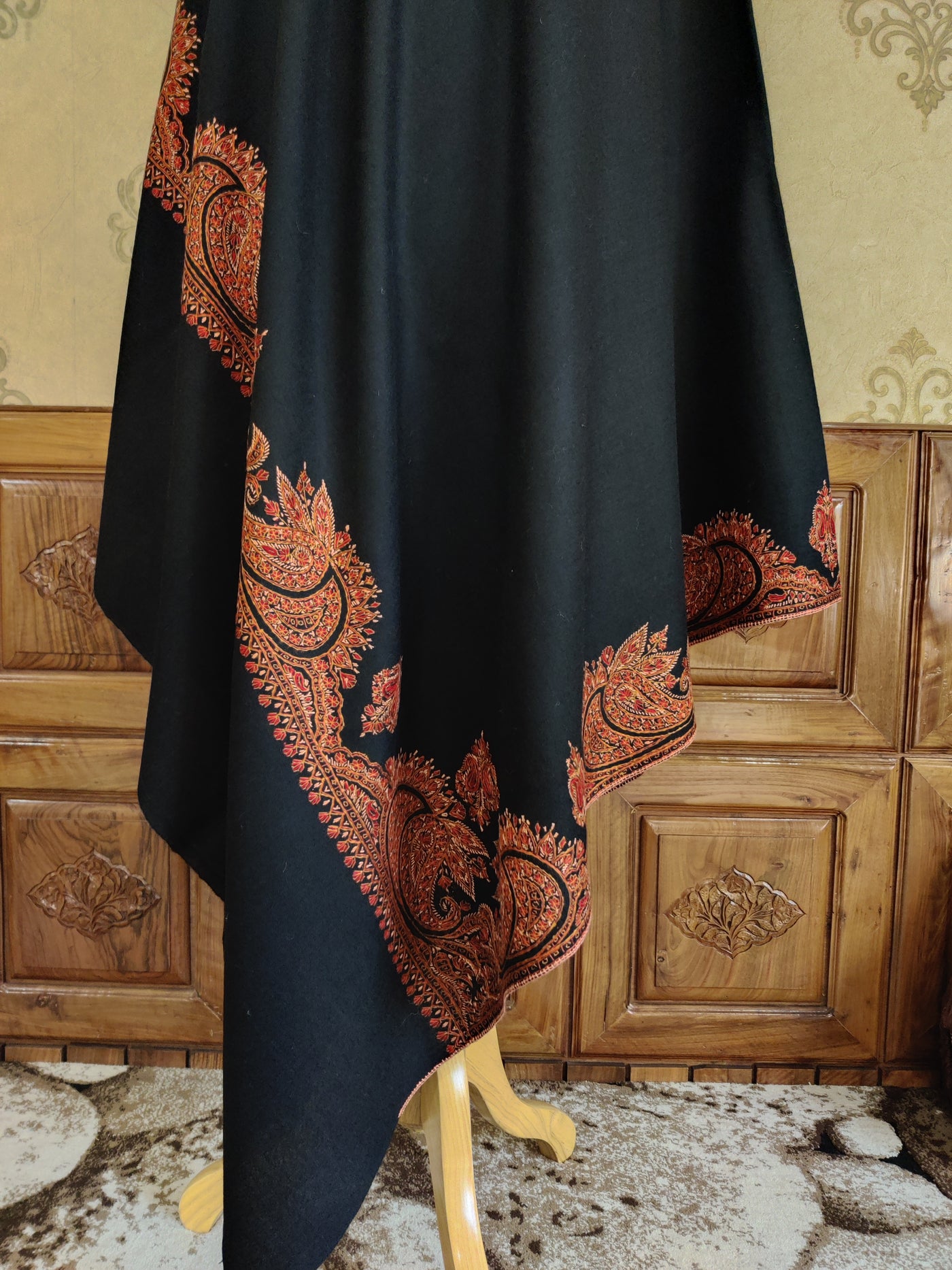 Midnight Black Merino Wool Shawl with Bold Sozni Hand Embroidery Accents