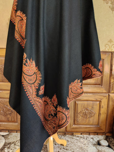 Midnight Black Merino Wool Shawl with Bold Sozni Hand Embroidery Accents