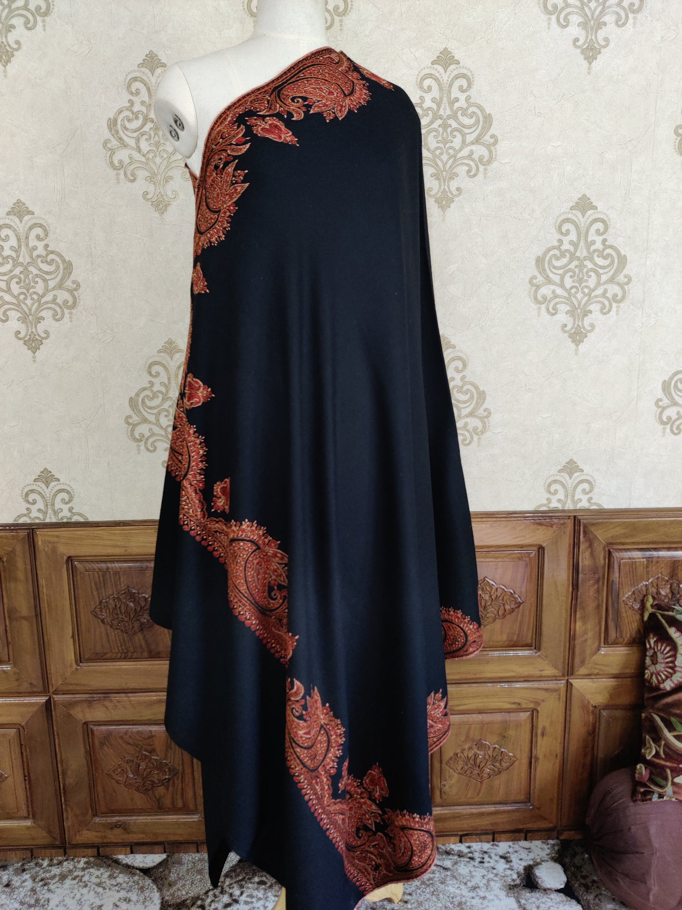 Midnight Black Merino Wool Shawl with Bold Sozni Hand Embroidery Accents