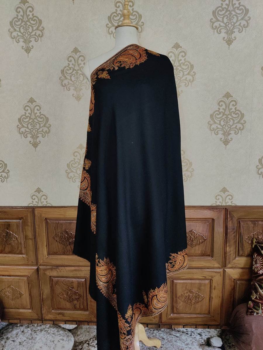 Classic Black Merino Wool Shawl with Sozni Embroidery Art