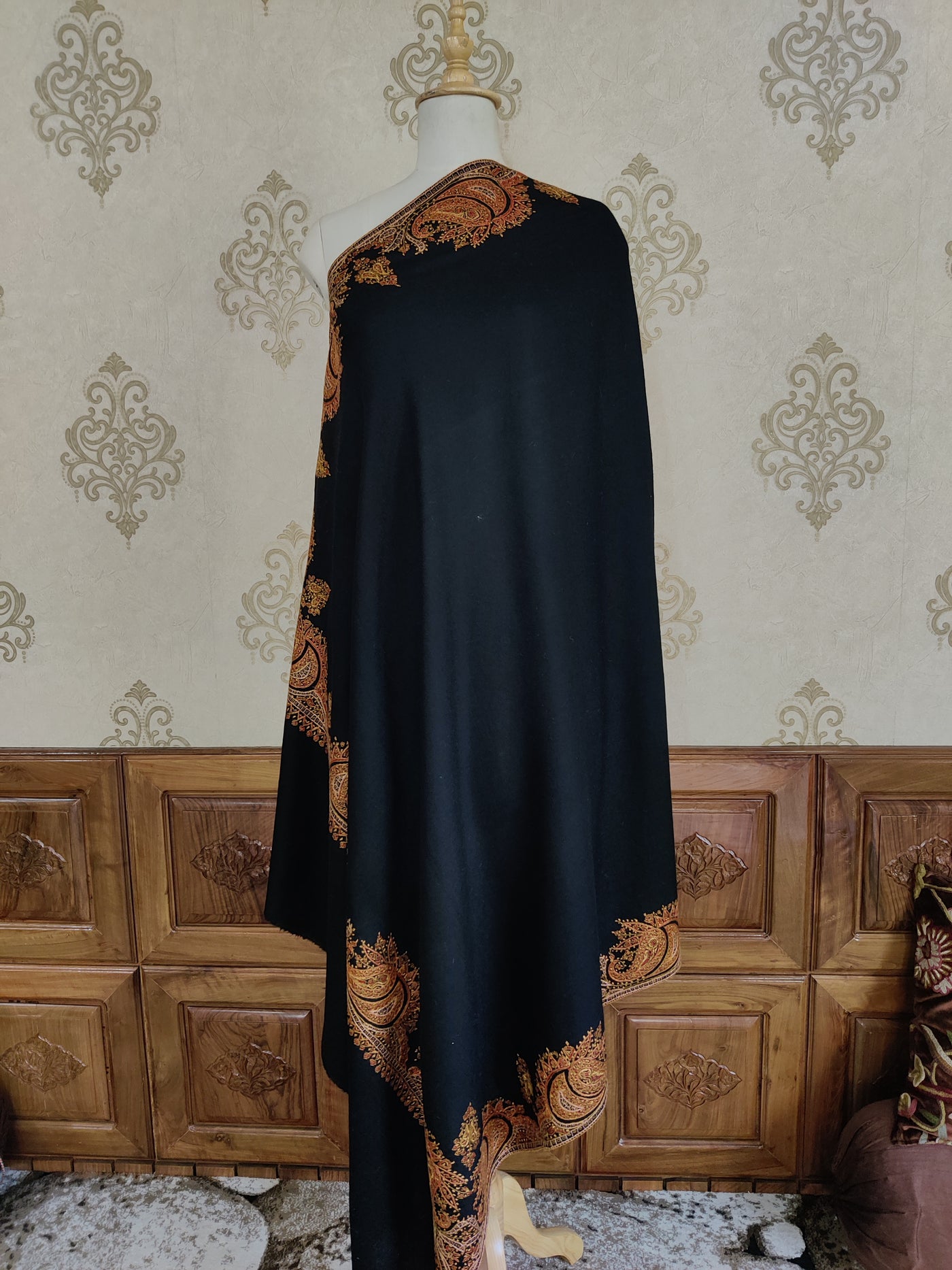 Classic Black Merino Wool Shawl with Intricate Sozni Hand Embroidery Highlights