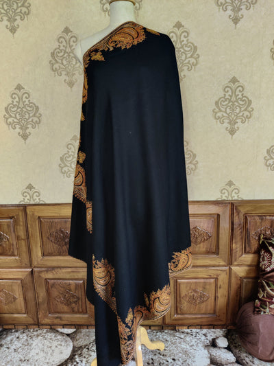 Classic Black Merino Wool Shawl with Intricate Sozni Hand Embroidery Highlights