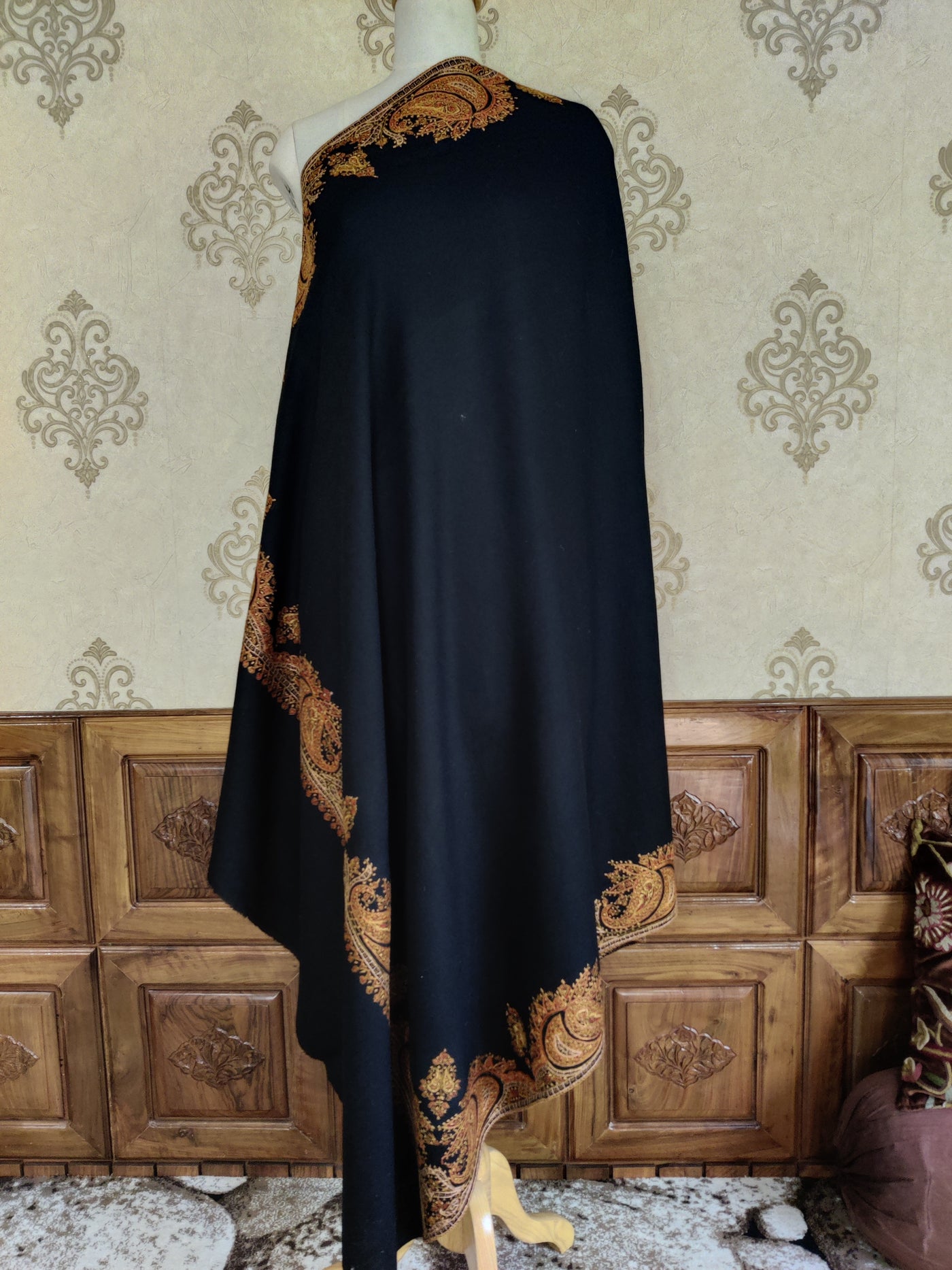 Classic Black Merino Wool Shawl with Intricate Sozni Hand Embroidery Highlights