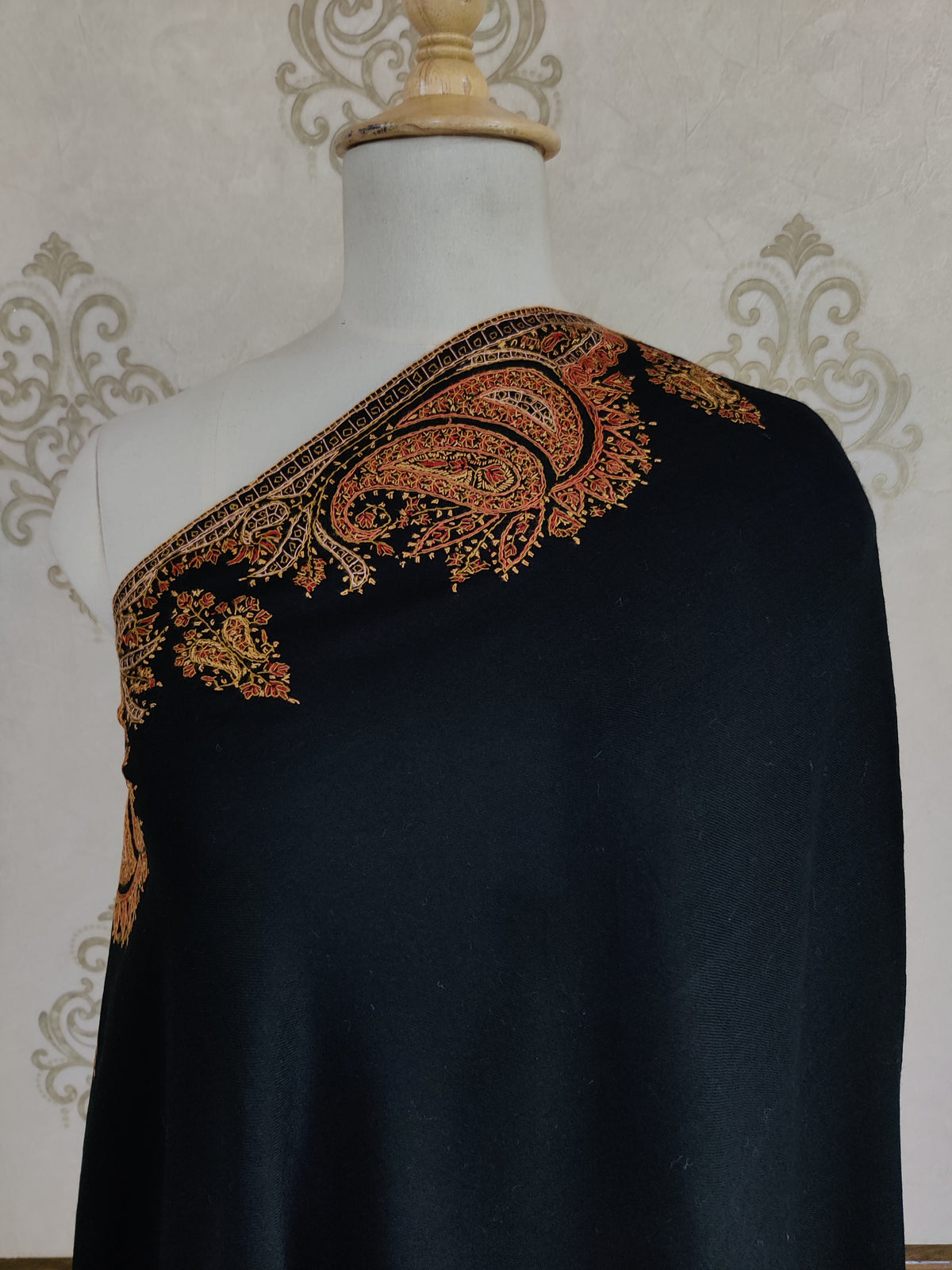 Classic Black Merino Wool Shawl with Sozni Embroidery Art