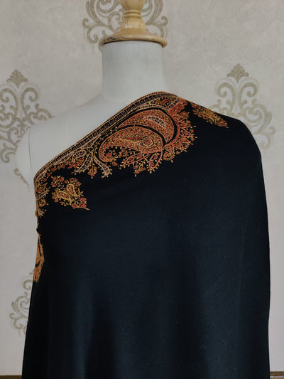 Classic Black Merino Wool Shawl with Intricate Sozni Hand Embroidery Highlights