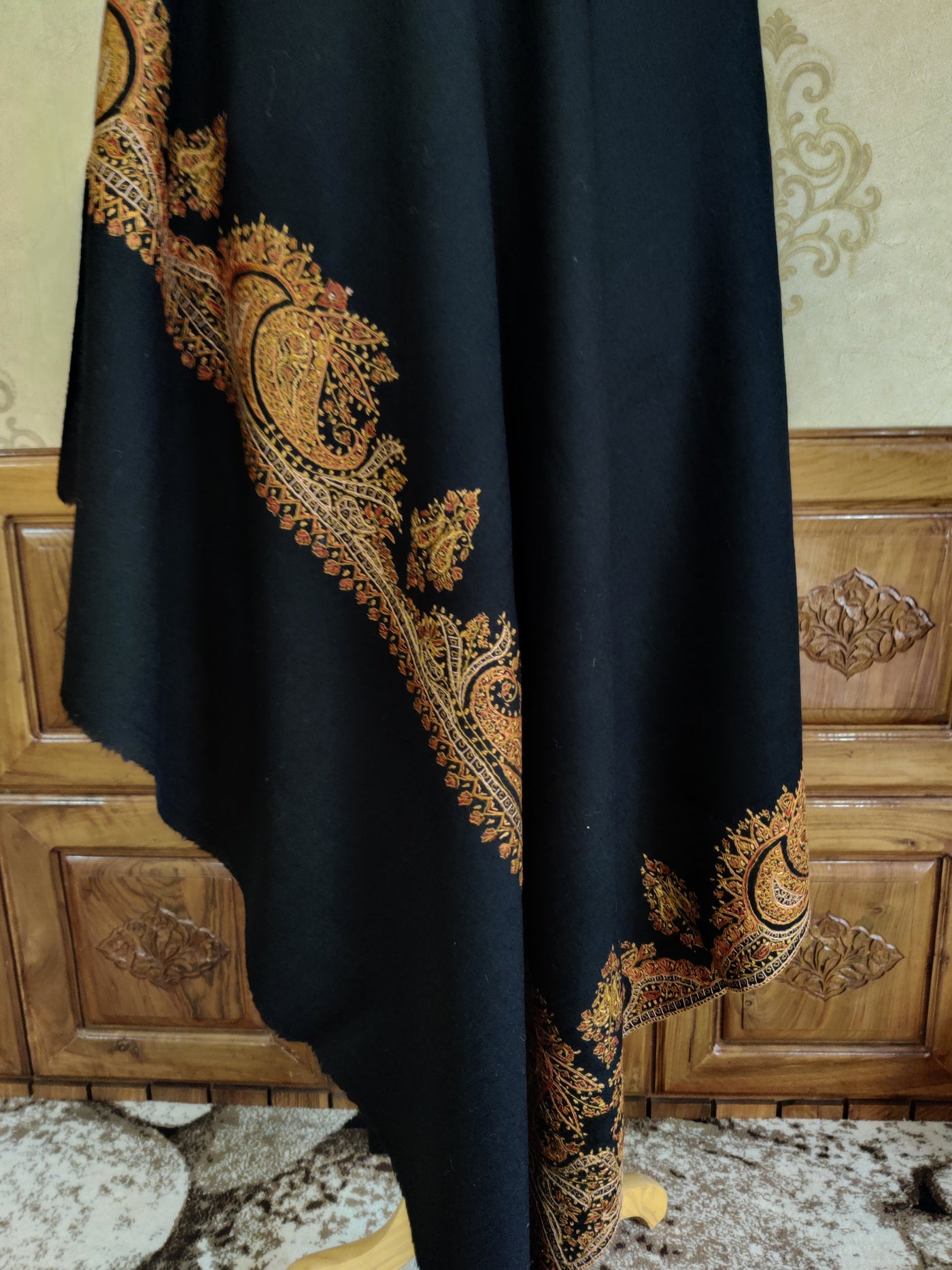 Classic Black Merino Wool Shawl with Intricate Sozni Hand Embroidery Highlights