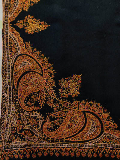 Classic Black Merino Wool Shawl with Intricate Sozni Hand Embroidery Highlights