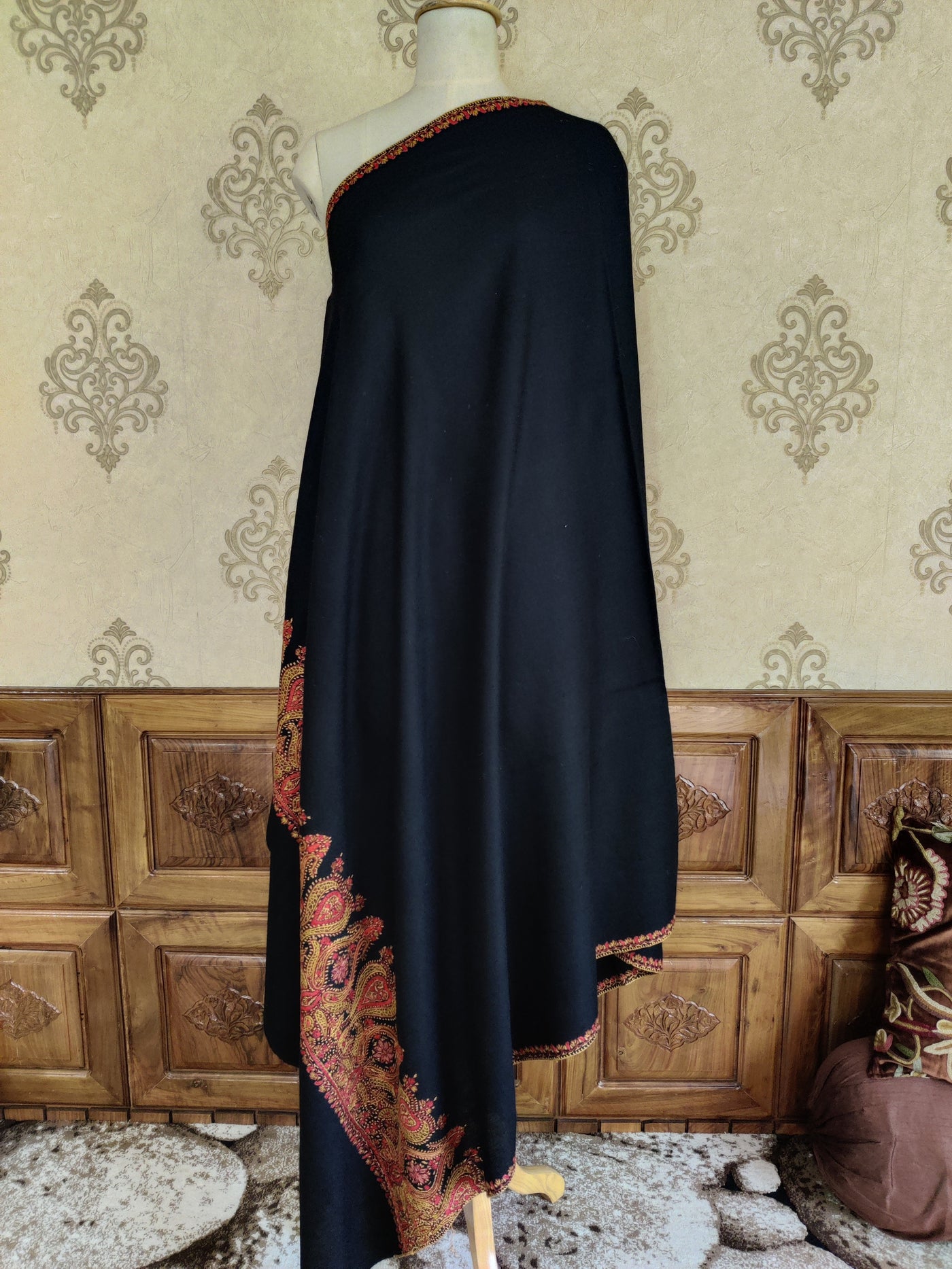 Luxurious Black Merino Wool Shawl with Traditional Sozni Hand Embroidered Border