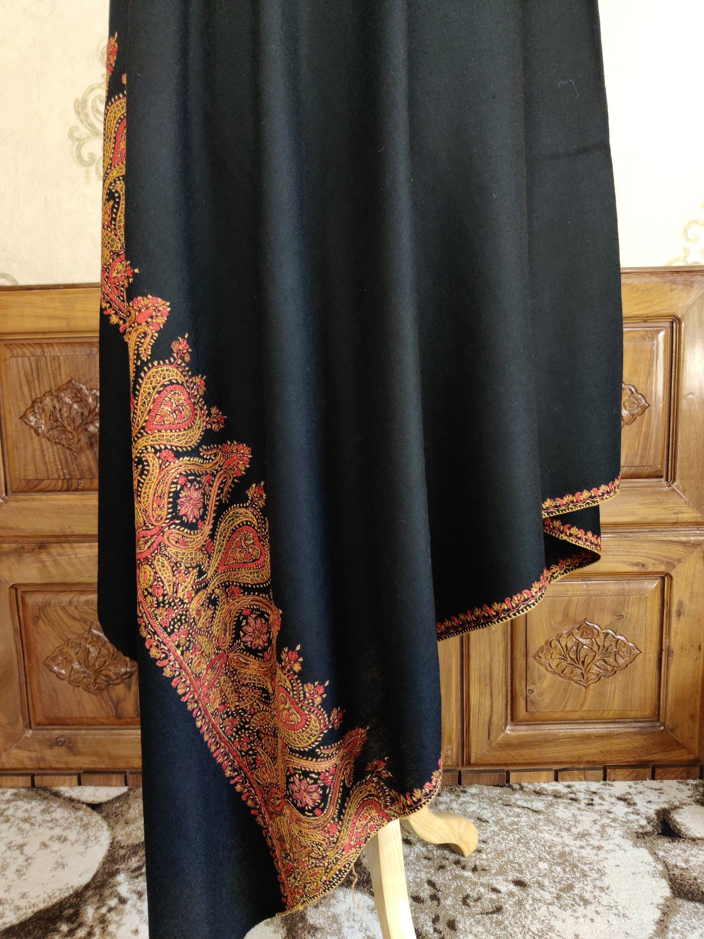 Luxurious Black Merino Wool Shawl with Traditional Sozni Hand Embroidered Border