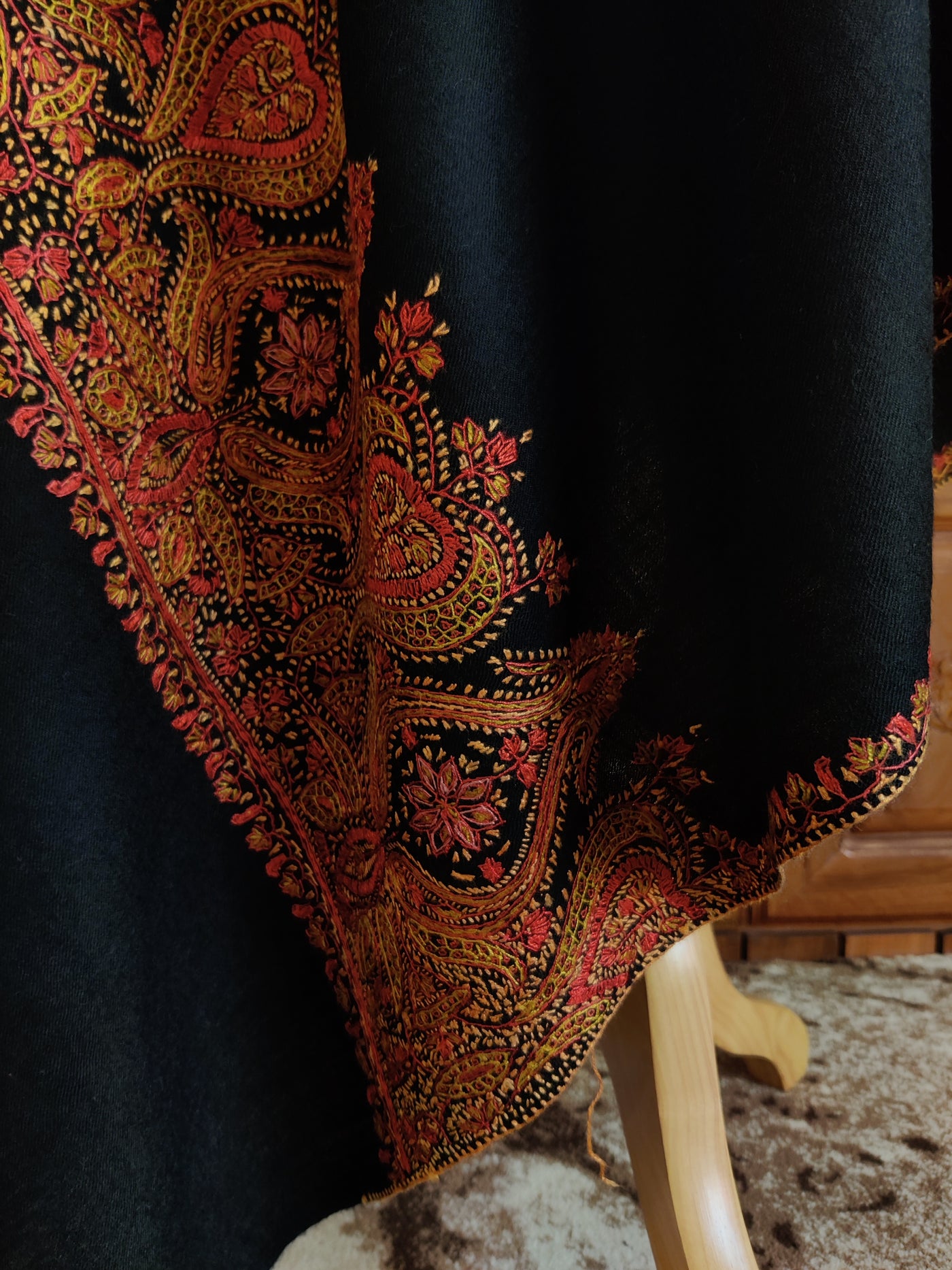 Luxurious Black Merino Wool Shawl with Traditional Sozni Hand Embroidered Border