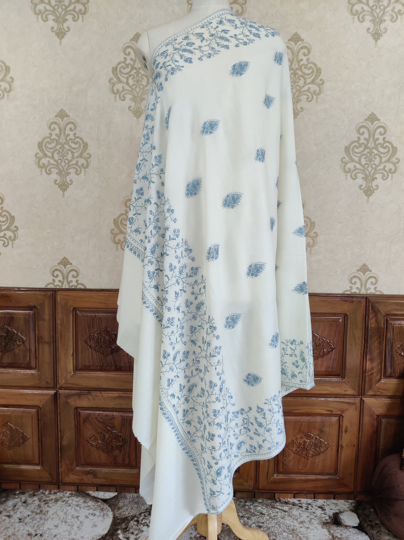 Snow White Merino Wool Shawl with Delicate Blue Sozni Hand